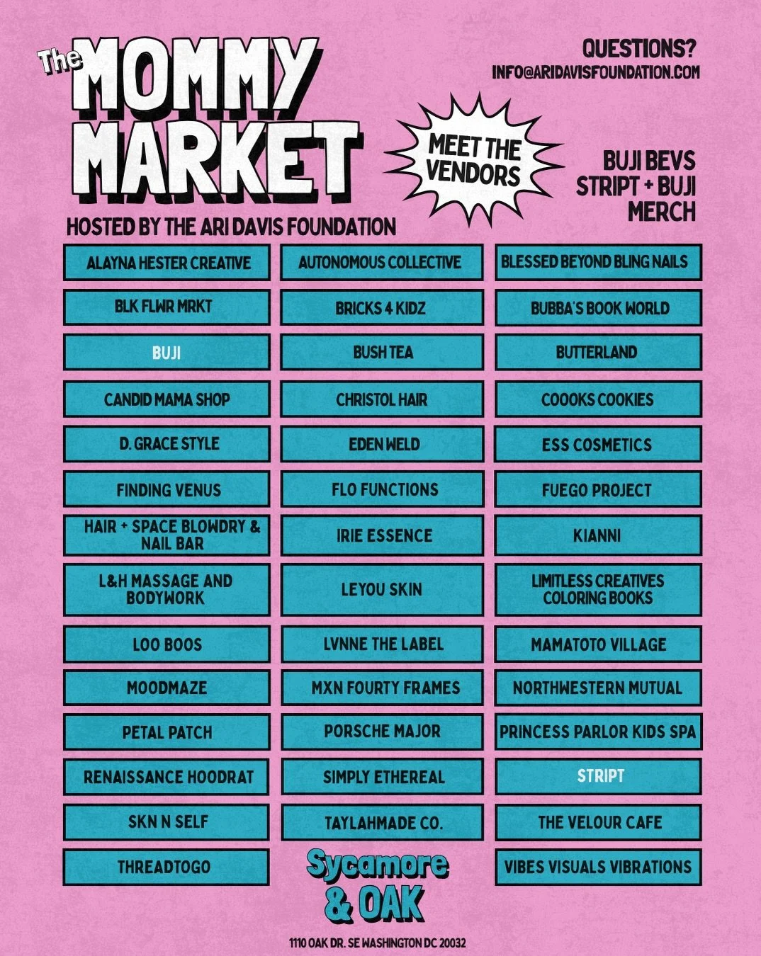List of vendors at The Mommy Market event hosted by the Ari Davis Foundation, held at 1110 Oak Dr., Washington, DC. Vendors include Alayna Hester Creative, Autonomous Collective, Blessed Beyond Bling Nails, and more, offering various products and services.
