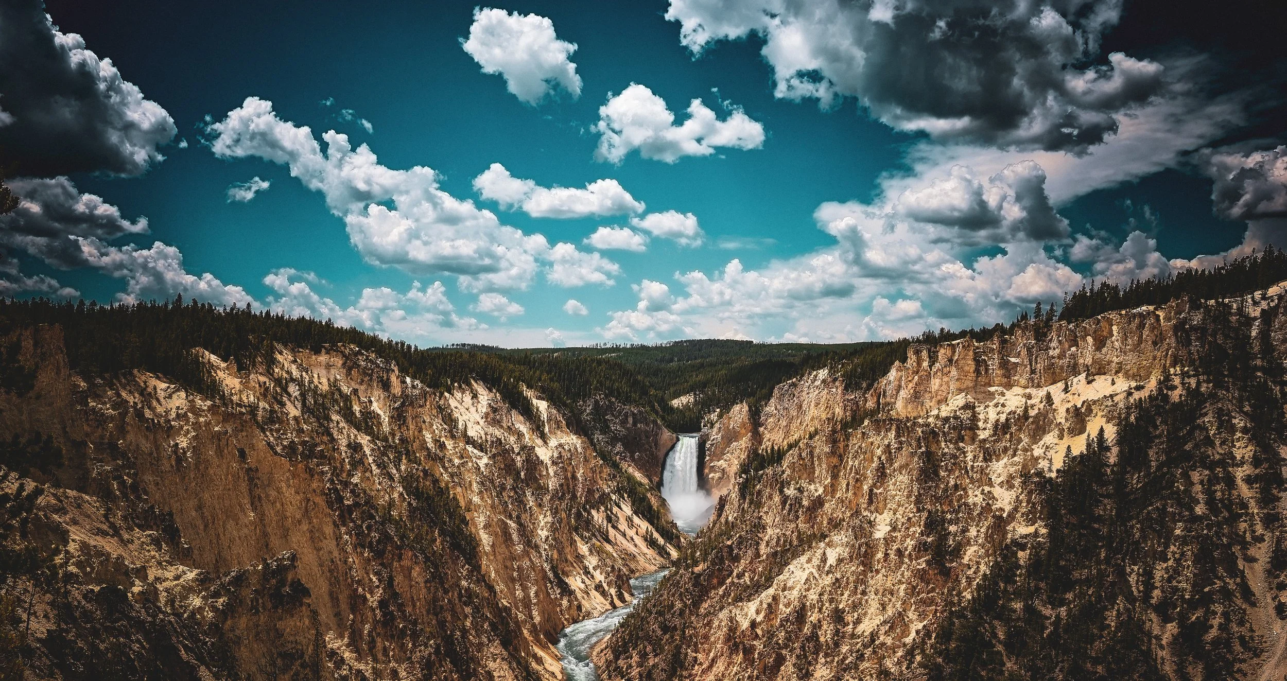 Yellowstone Lower Falls viewed from Artist Point in Yellowstone National Park beneath dramatic summer clouds.