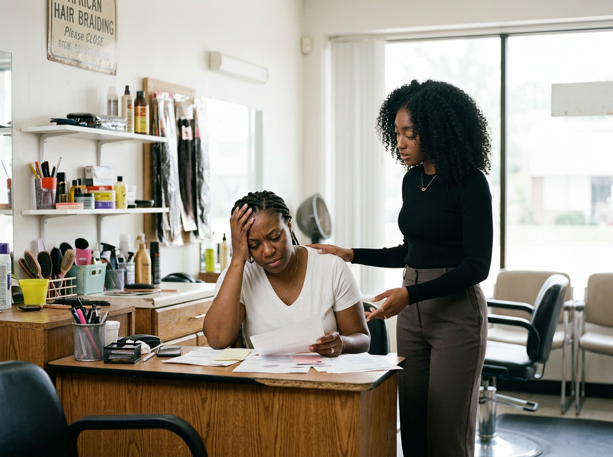 A woman sitting at a desk looks stressed while reading documents, with another woman standing beside her, offering comfort with a hand on her shoulder in a busy salon or office setting.