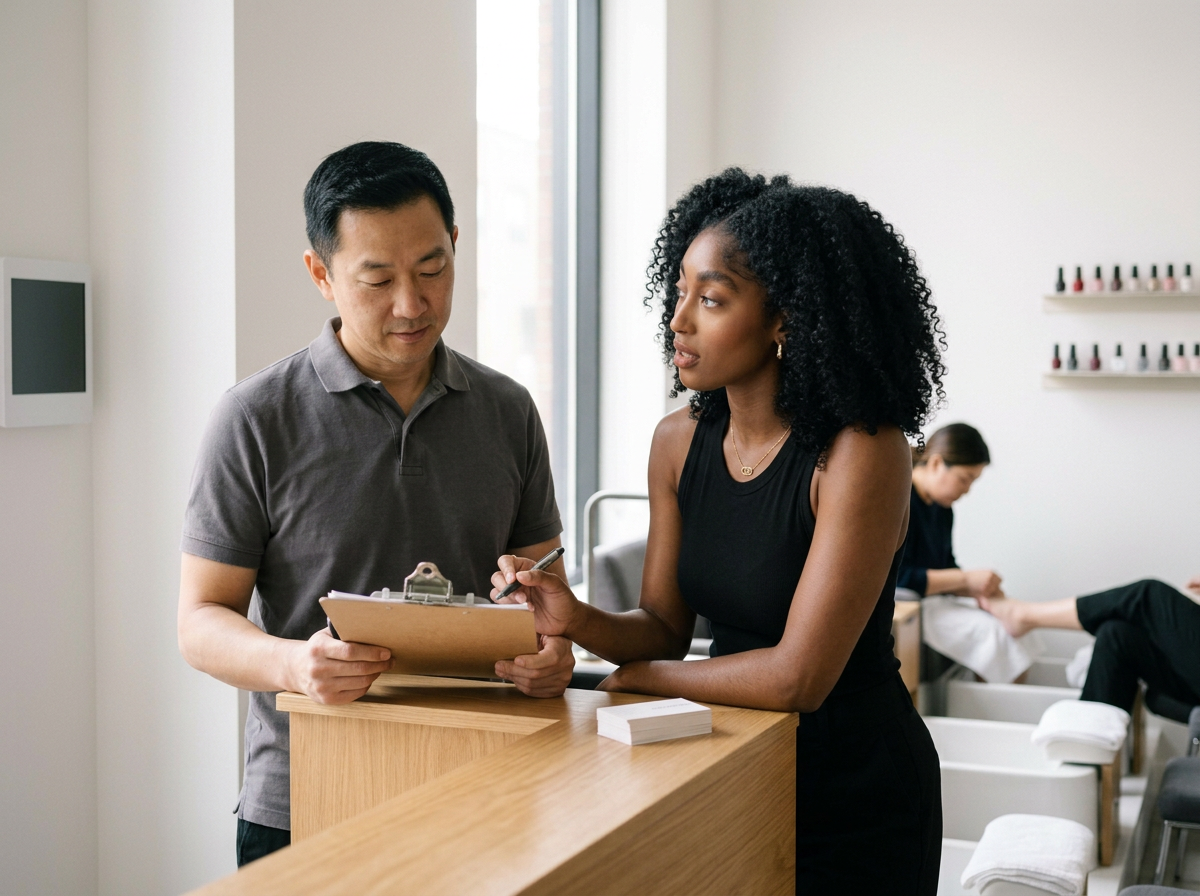 A woman in black top and a man in gray shirt looking at a clipboard at a salon or spa reception area with a manicure station and nail polish bottles in the background.