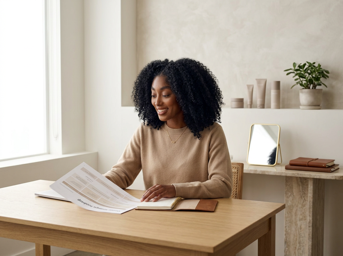 A young woman with curly black hair, wearing a beige sweater and gold necklace, is sitting at a wooden desk reading documents with a smile. There is a small notebook and a brown wallet on the desk. In the background, there is a light-colored wall with a small shelf holding plants and containers, and a mirror and notebooks on a marble console table.