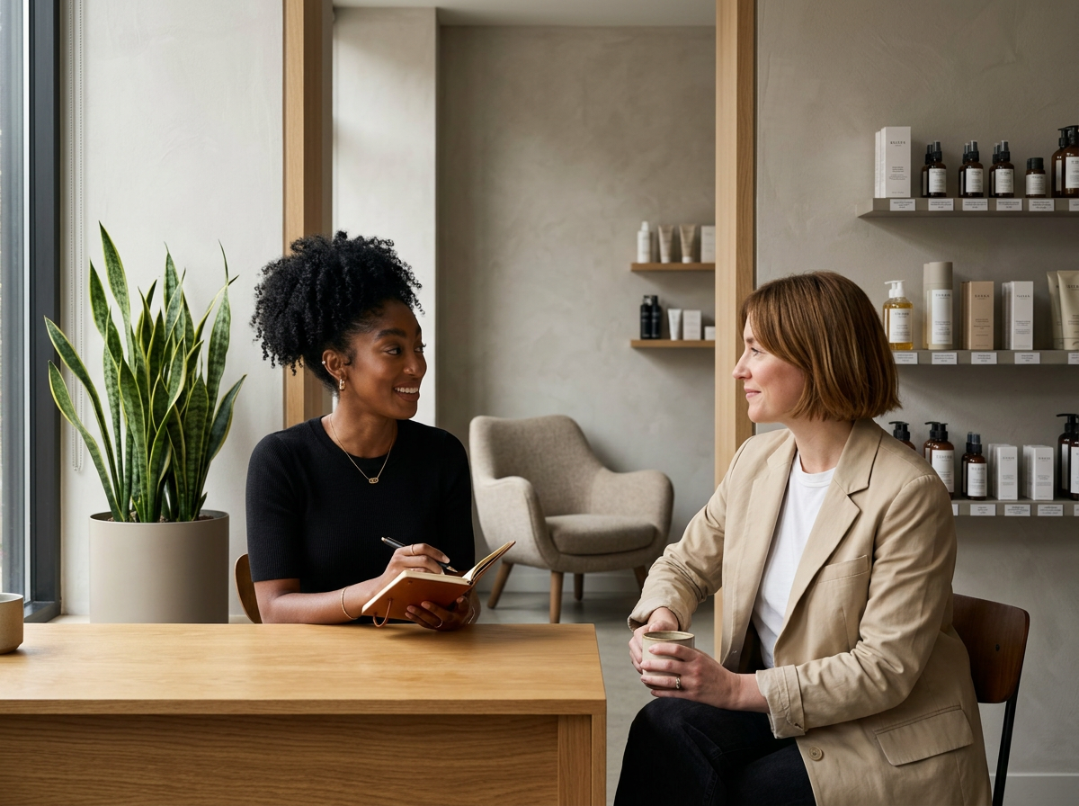 Two women in a modern, minimalistic space engaged in conversation, one holding a notebook and pen, and the other holding a mug, with shelves of bottles behind them.