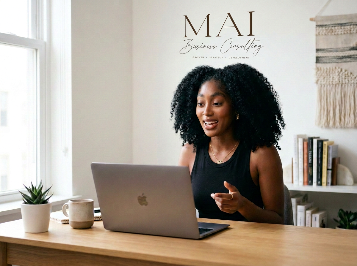 Woman with curly black hair sitting at a desk with a MacBook laptop, a potted plant, a mug, and a notebook, in a bright room with bookshelves and wall art. The text 'MAI Business Consulting - Growth, Strategy, Development' is on the wall behind her.