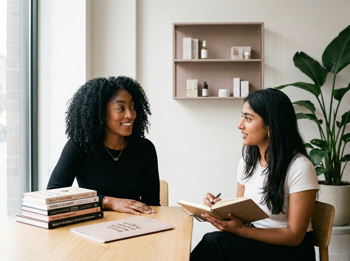 Two women having a discussion at a table with a stack of books and a notebook, inside a well-lit room with a large green plant and a shelf with skincare products in the background.