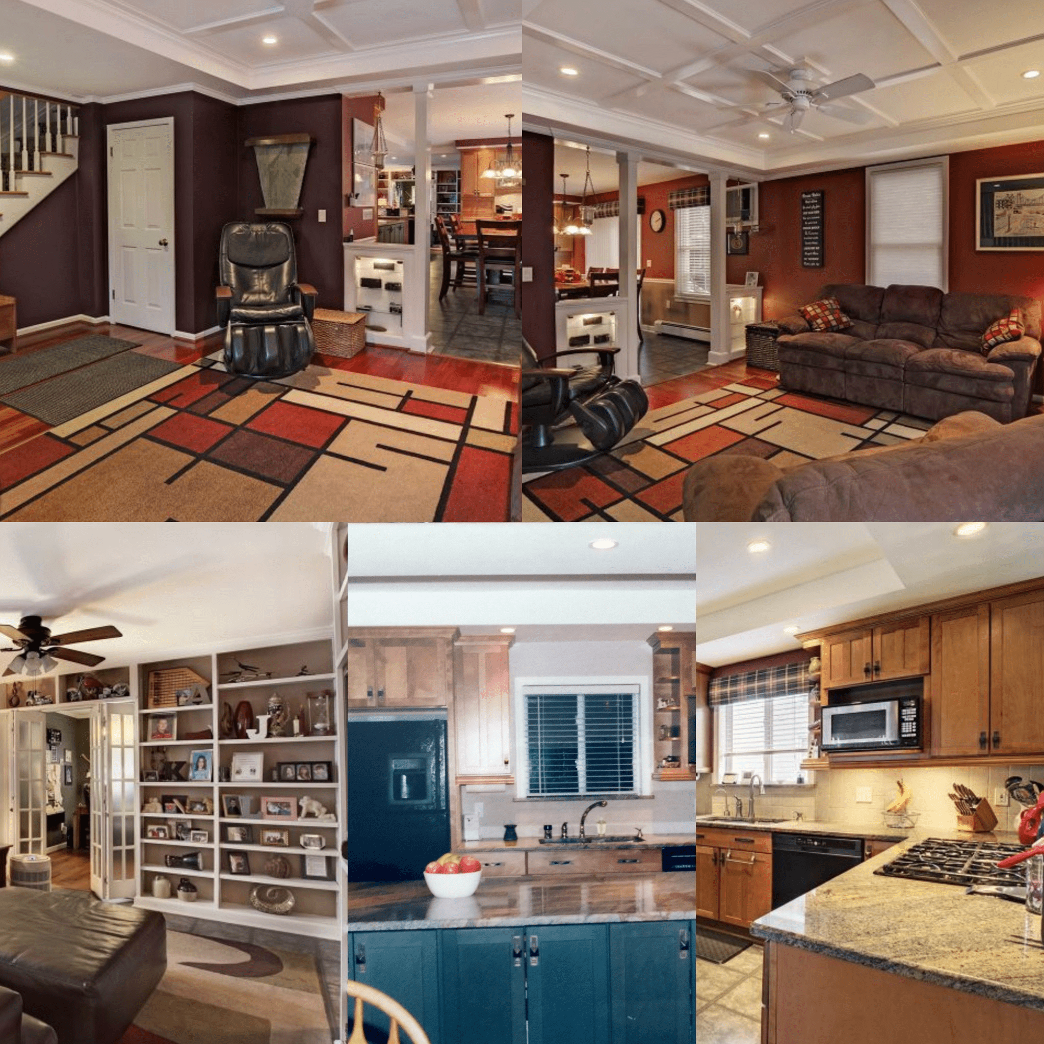 Collage of four interior house rooms: a living room with a geometric patterned rug, a study with a bookshelf, a kitchen with blue cabinets and a white bowl, and a kitchen with wooden cabinets and a granite countertop.