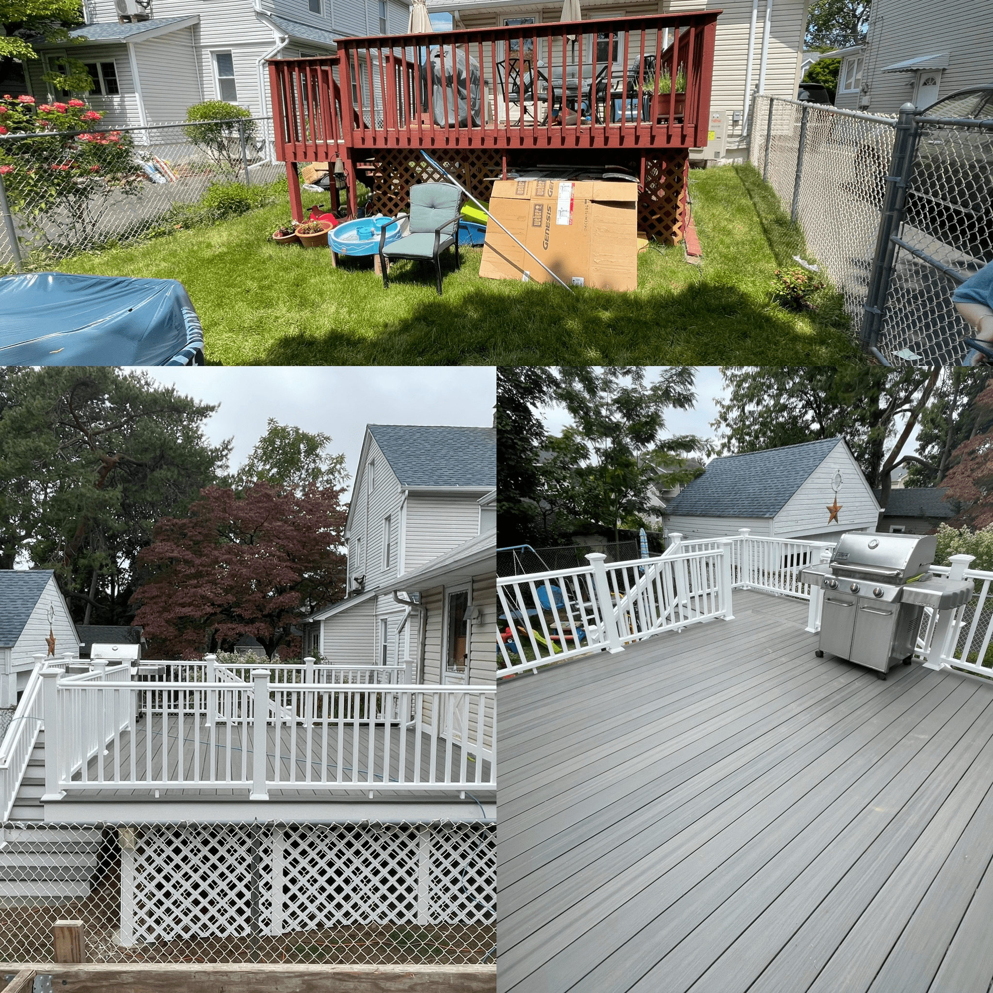 View of a backyard with a wooden deck, outdoor furniture, a cardboard box, a children's kiddie pool, and a barbecue grill. The yard is enclosed by a chain-link fence with houses and trees visible in the background.