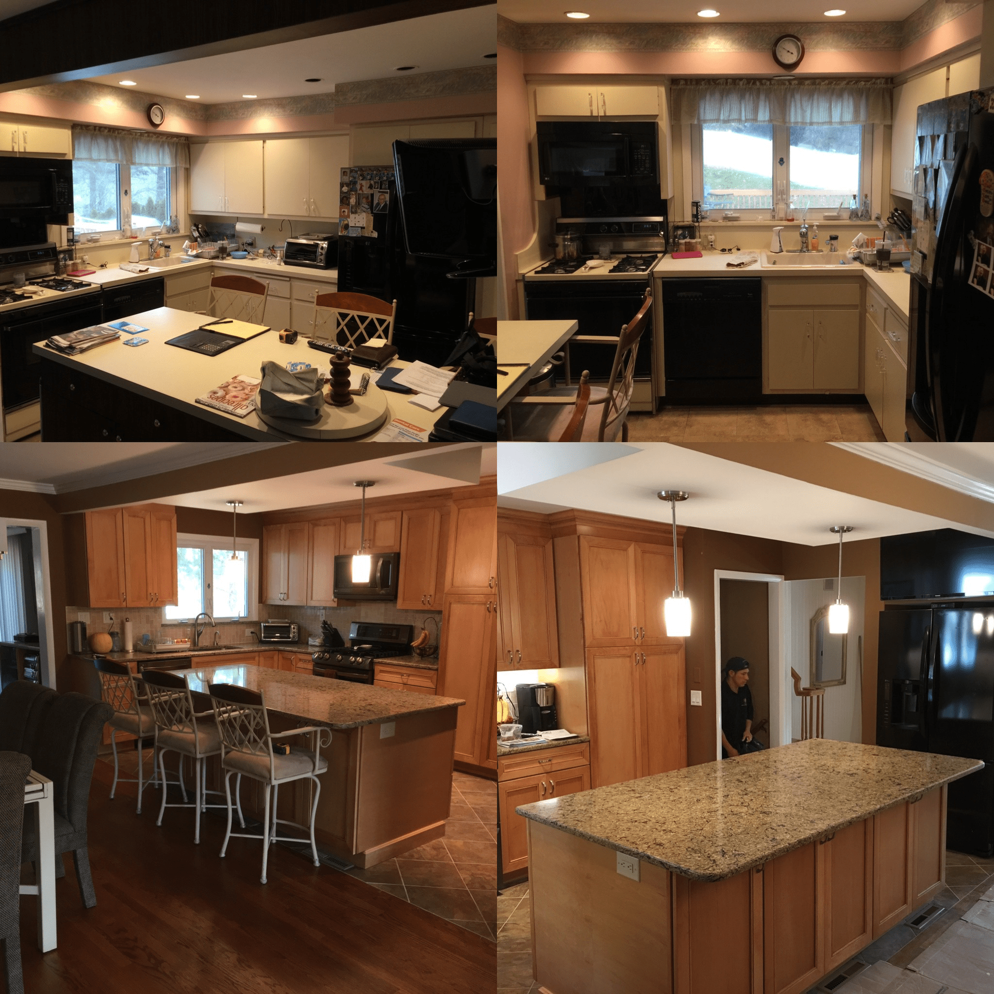 Before and after comparison of a kitchen renovation. The top image shows a kitchen with white cabinets, dark appliances, and cluttered countertops. The bottom image shows the same kitchen after renovation with natural wood cabinets, a cleaner and brighter appearance, and organized countertops.