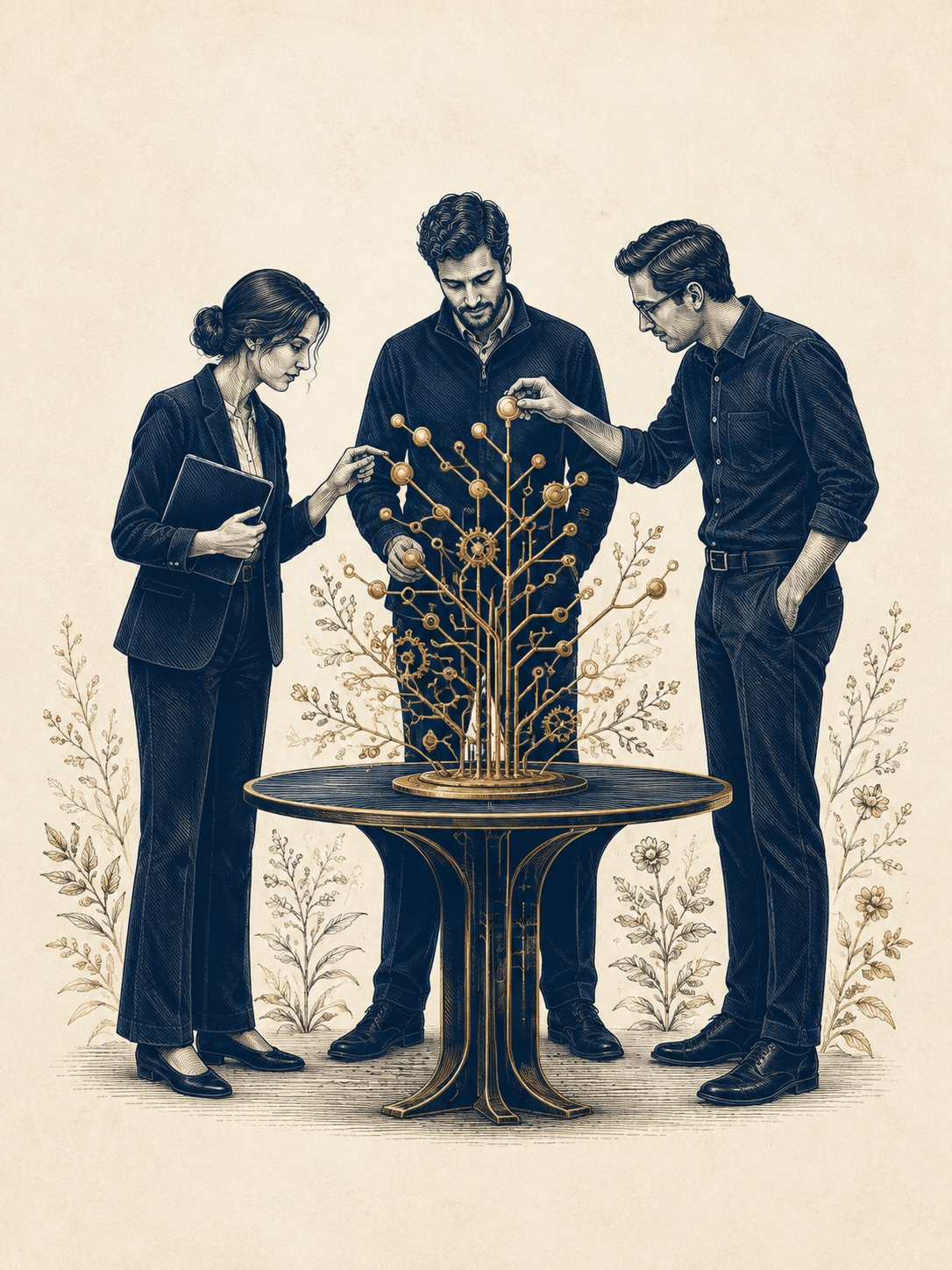 Original illustration of three people guiding a branching brass technology network together.