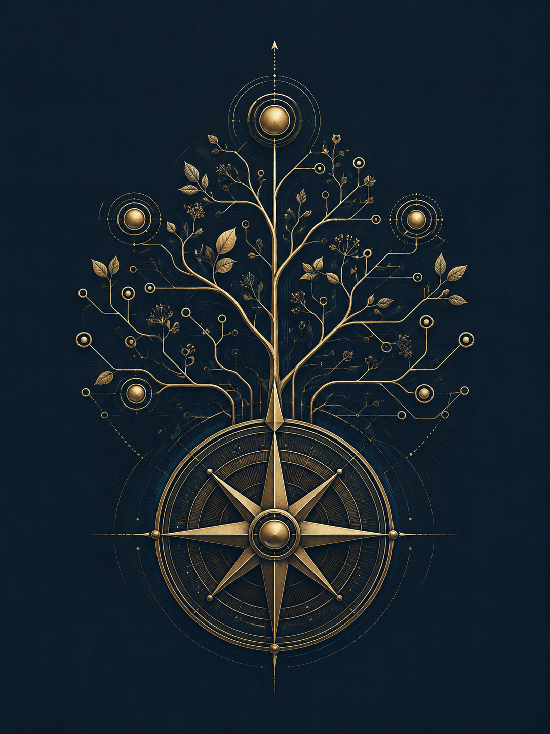 Original brass compass and branching decision tree representing a thoughtful AI strategy.