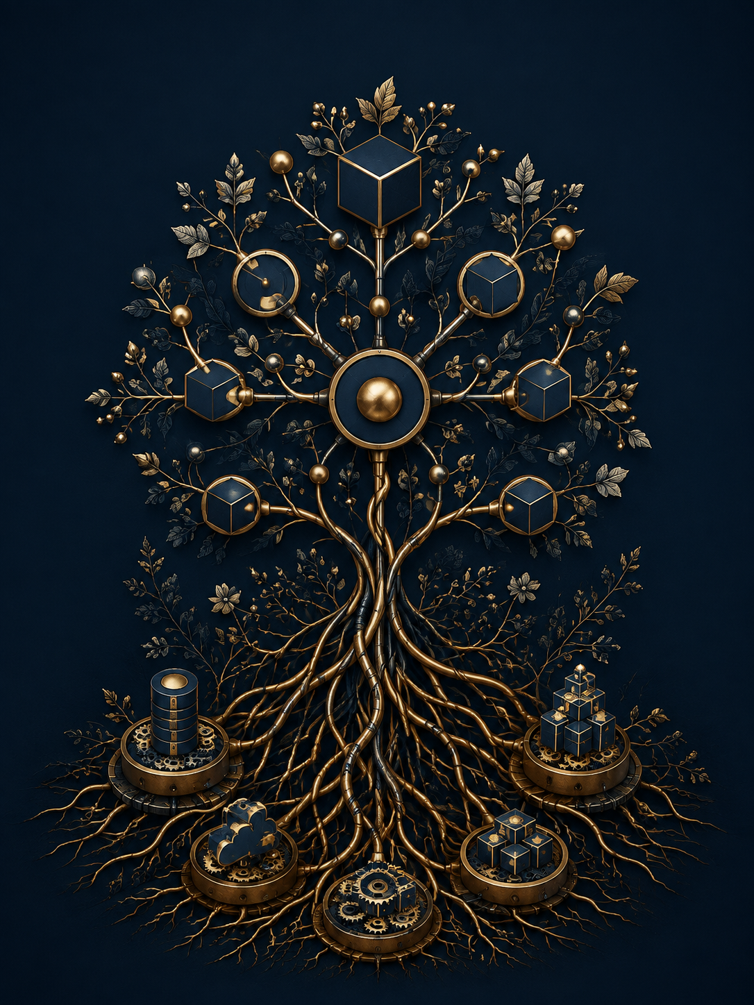 Original branching brass network connecting distinct systems into one coherent whole.
