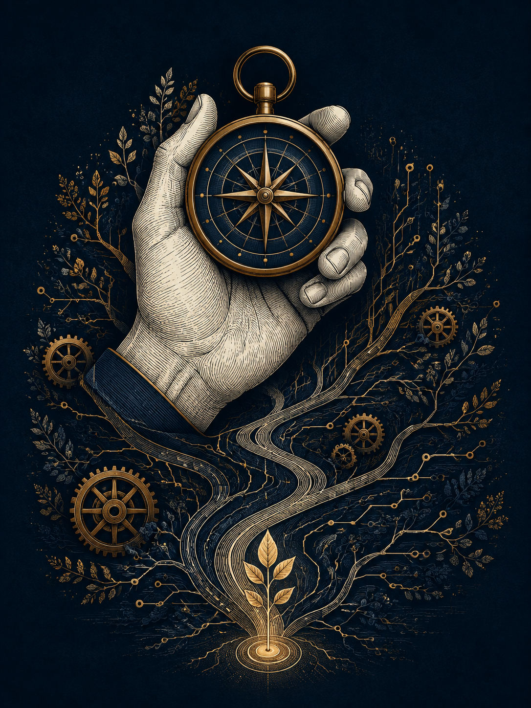 Original engraved hand holding a brass compass above branching pathways, representing thoughtful business guidance.