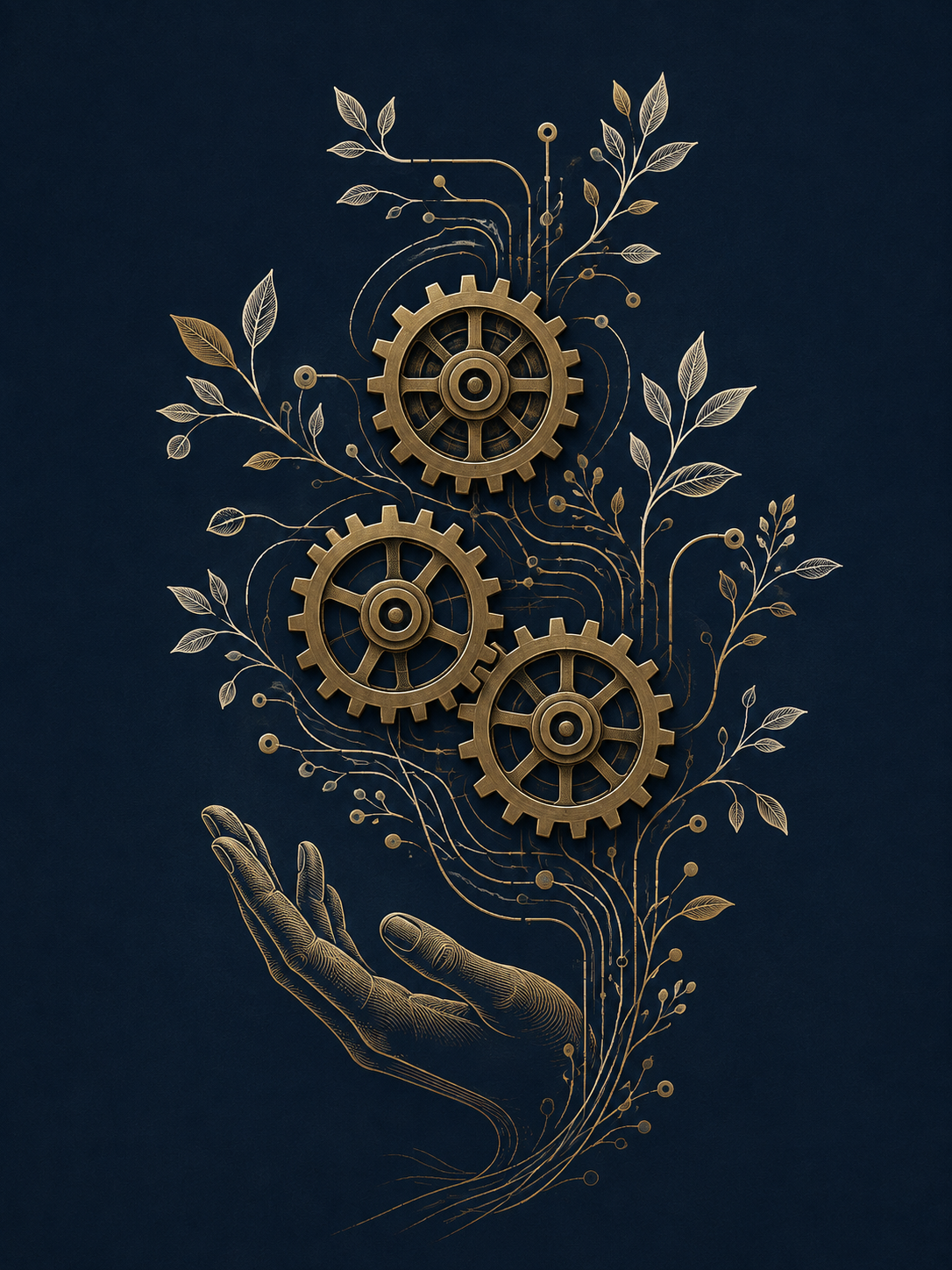 Original brass gears and branching pathways illustrating human-guided workflow automation.