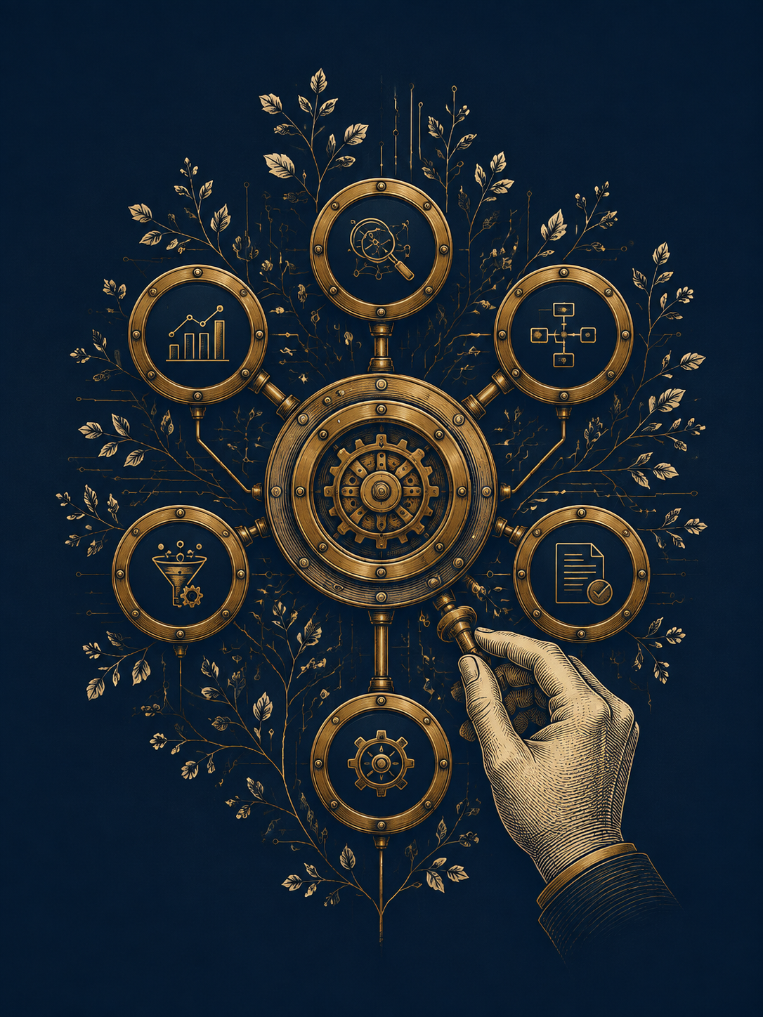 Original brass modular tools and branching connections guided by a human hand.