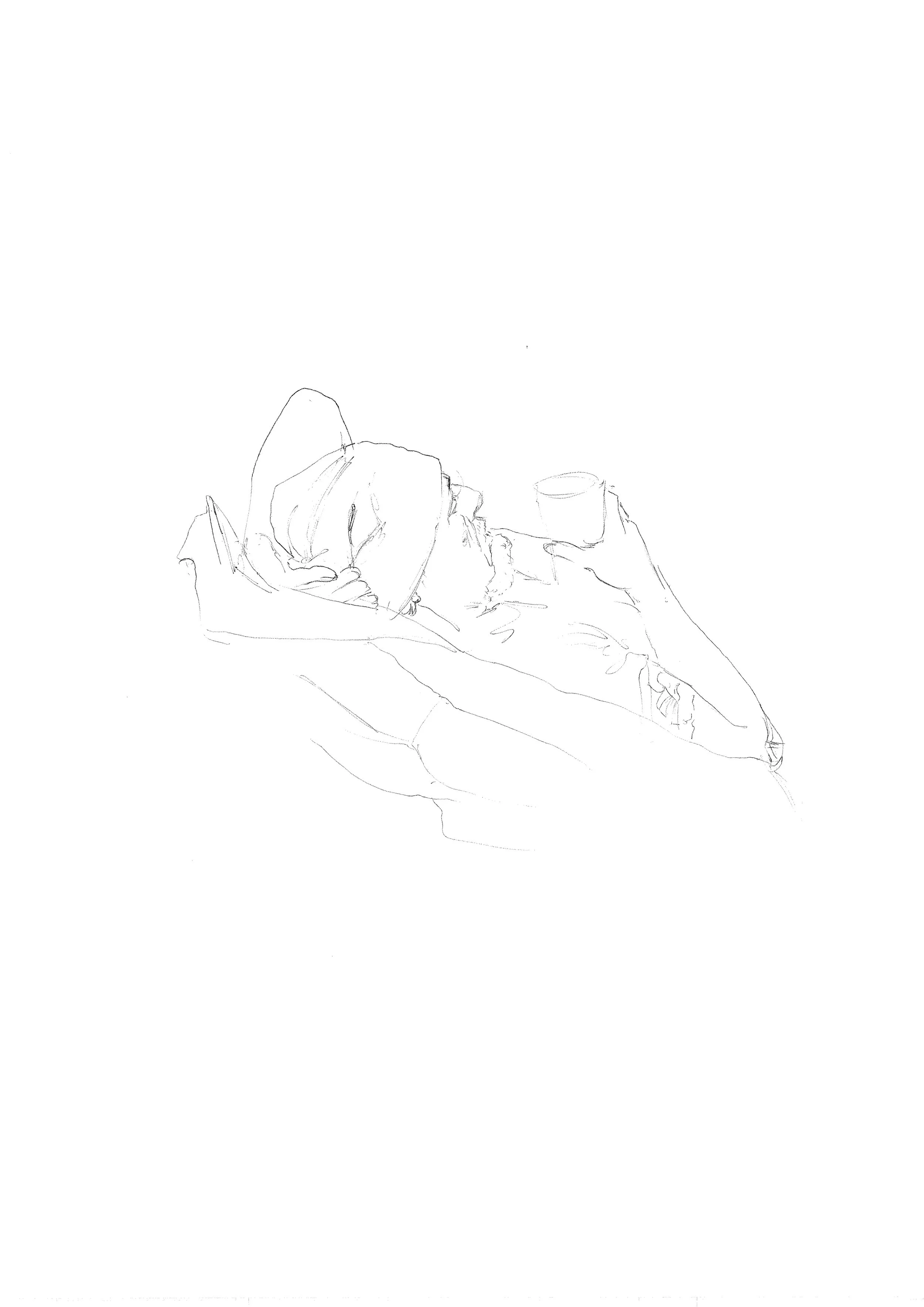 Dessin minimaliste d'une personne allongée, tenant un verre dans la main.