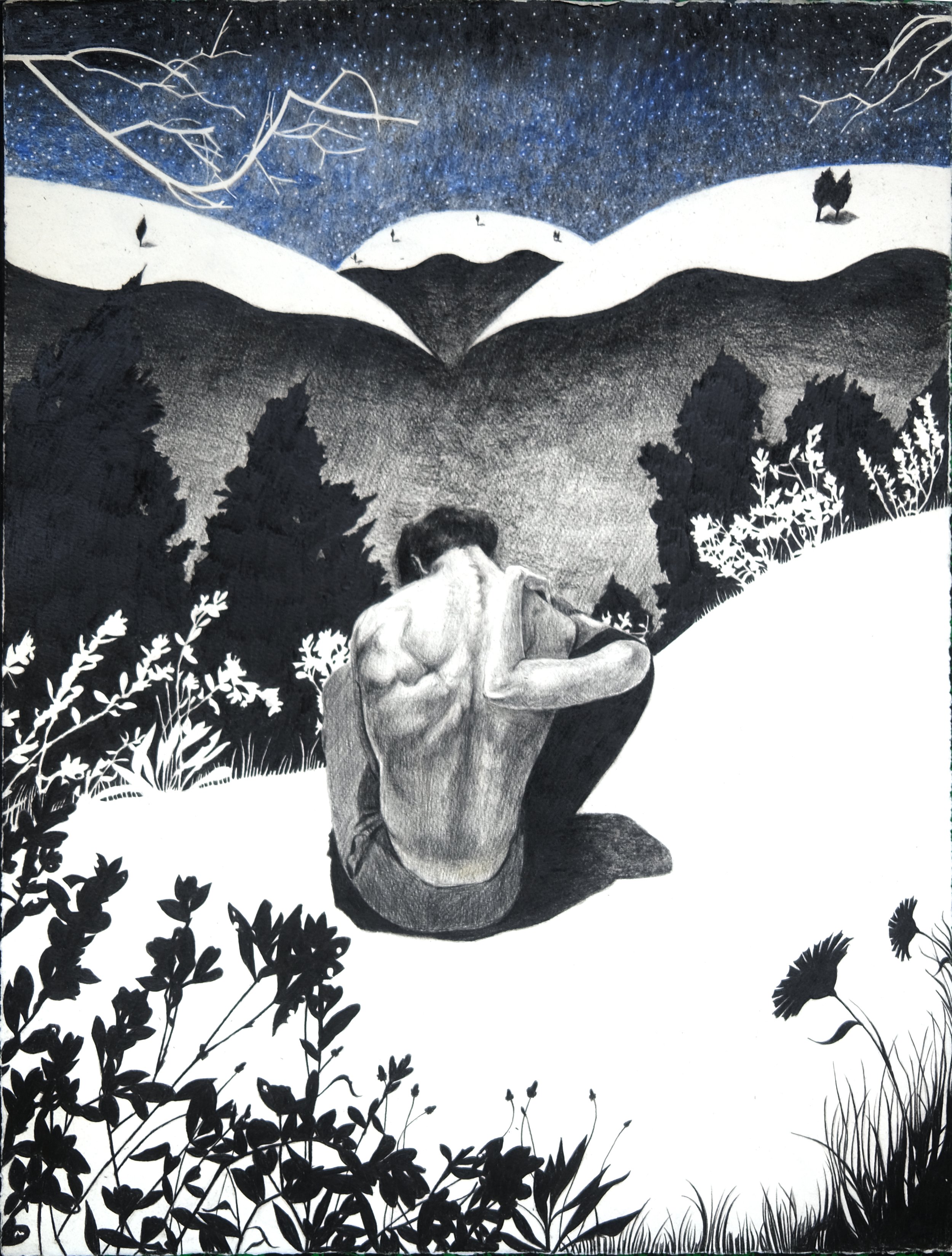 Un dessin figuratif sur papier en noir blanc et bleu représentant un homme nu assis dans un environnement naturel avec des plantes, une nuit étoilée au ciel et des arbres en arrière-plan.