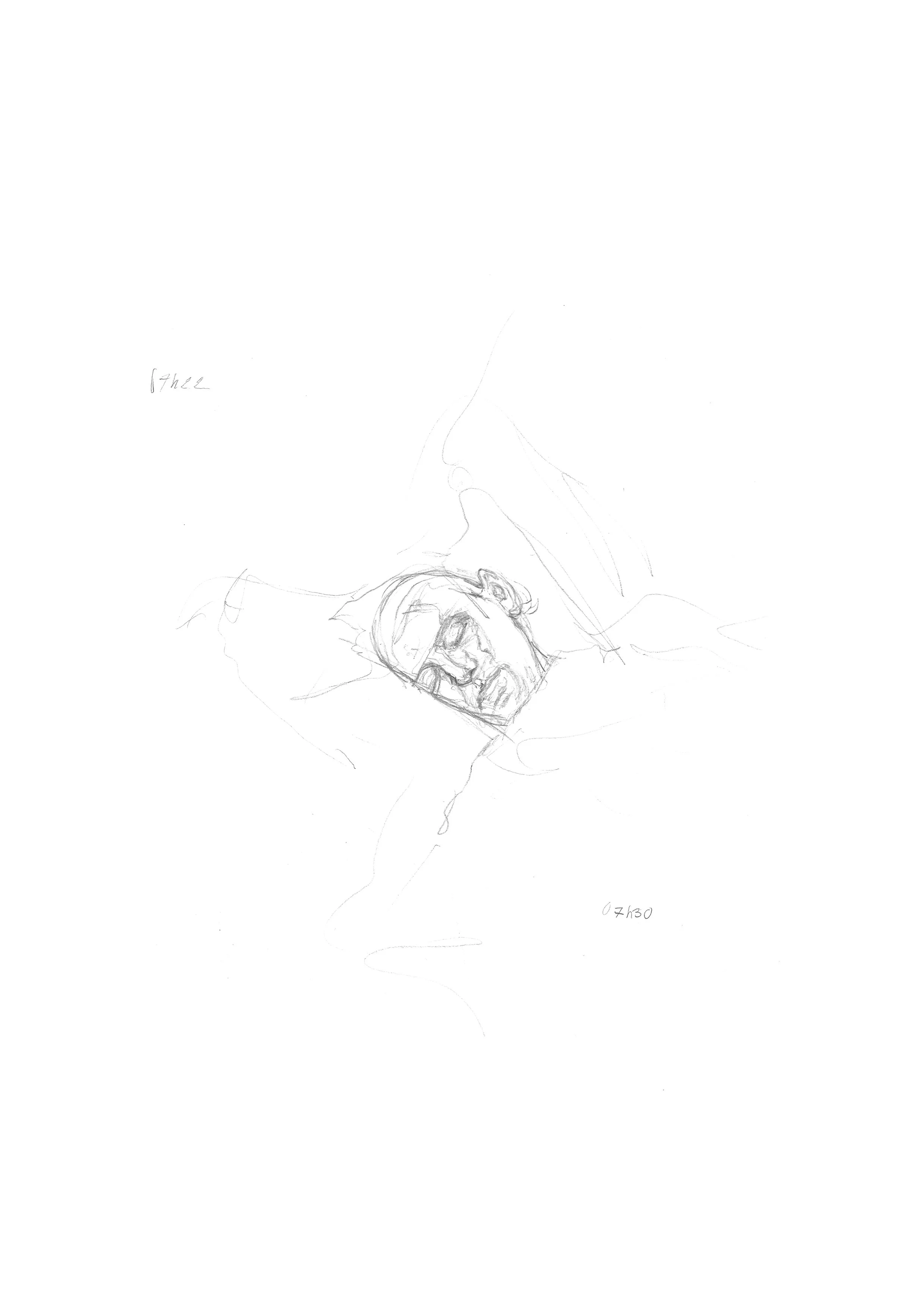 Croquis d'une scène de crime montrant une personne allongée sur le dos, avec un masque ou un gant à la main, dans une position dramatique.