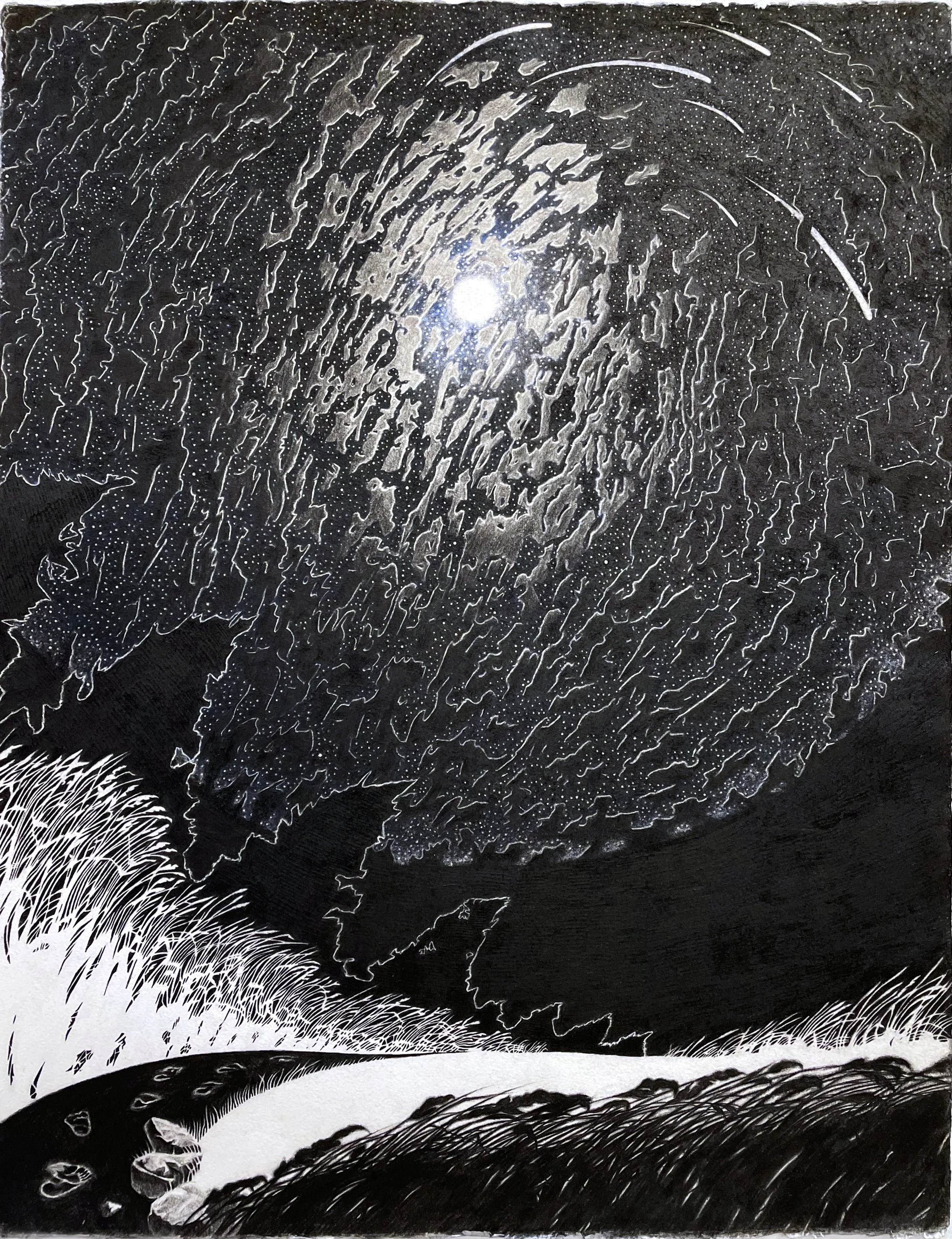 Un dessin en noir et blanc sur papier représentant une scène nocturne avec un ciel étoilé, une pleine lune, des étoiles filantes et un paysage vallonné avec de l'herbe en premier plan. Figuratif