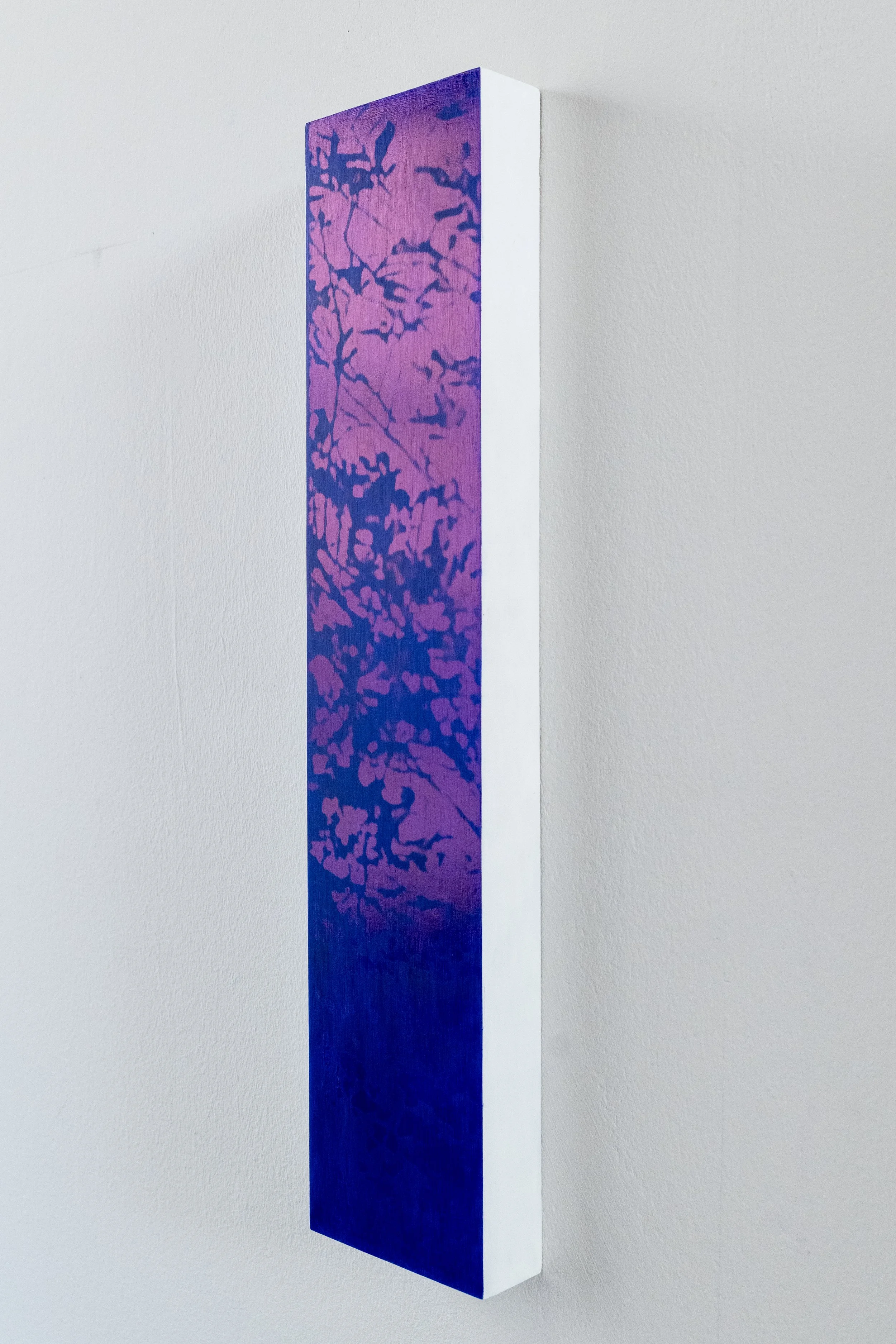 Une peinture abstraite sur une longue planche avec un dégradé de violet, rose et bleu, représentant un motif de branches ou de racines. Un tableau rectangulaire avec une face bleue et une tranche blanche, décorée de motifs de plantes.