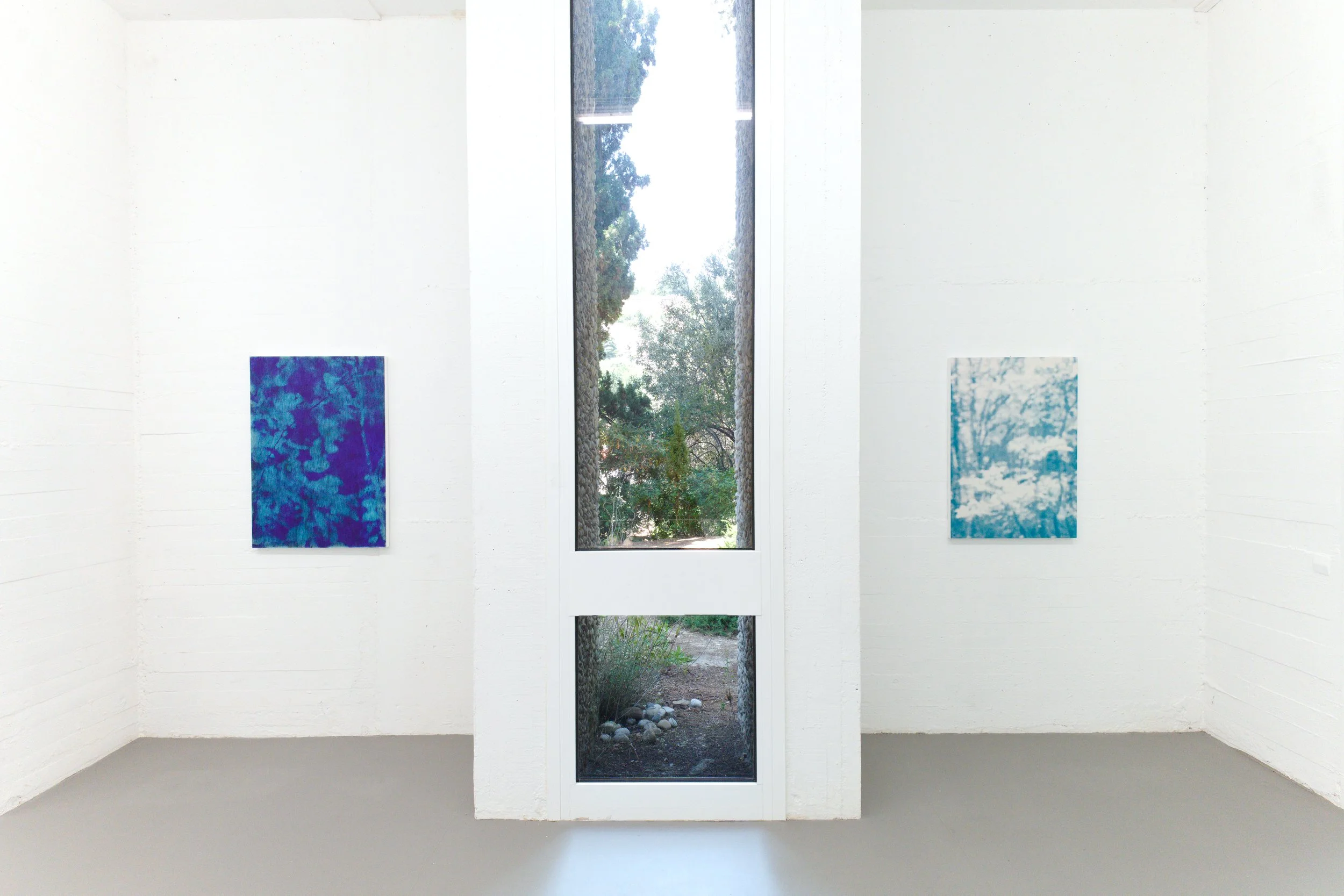 Une pièce blanche avec deux tableaux peints en nuances de bleu accrochés à un mur, avec une grande fenêtre laissant entrer la lumière naturelle et offrant une vue sur un jardin avec des arbres et des cailloux au sol. Villa Arson.