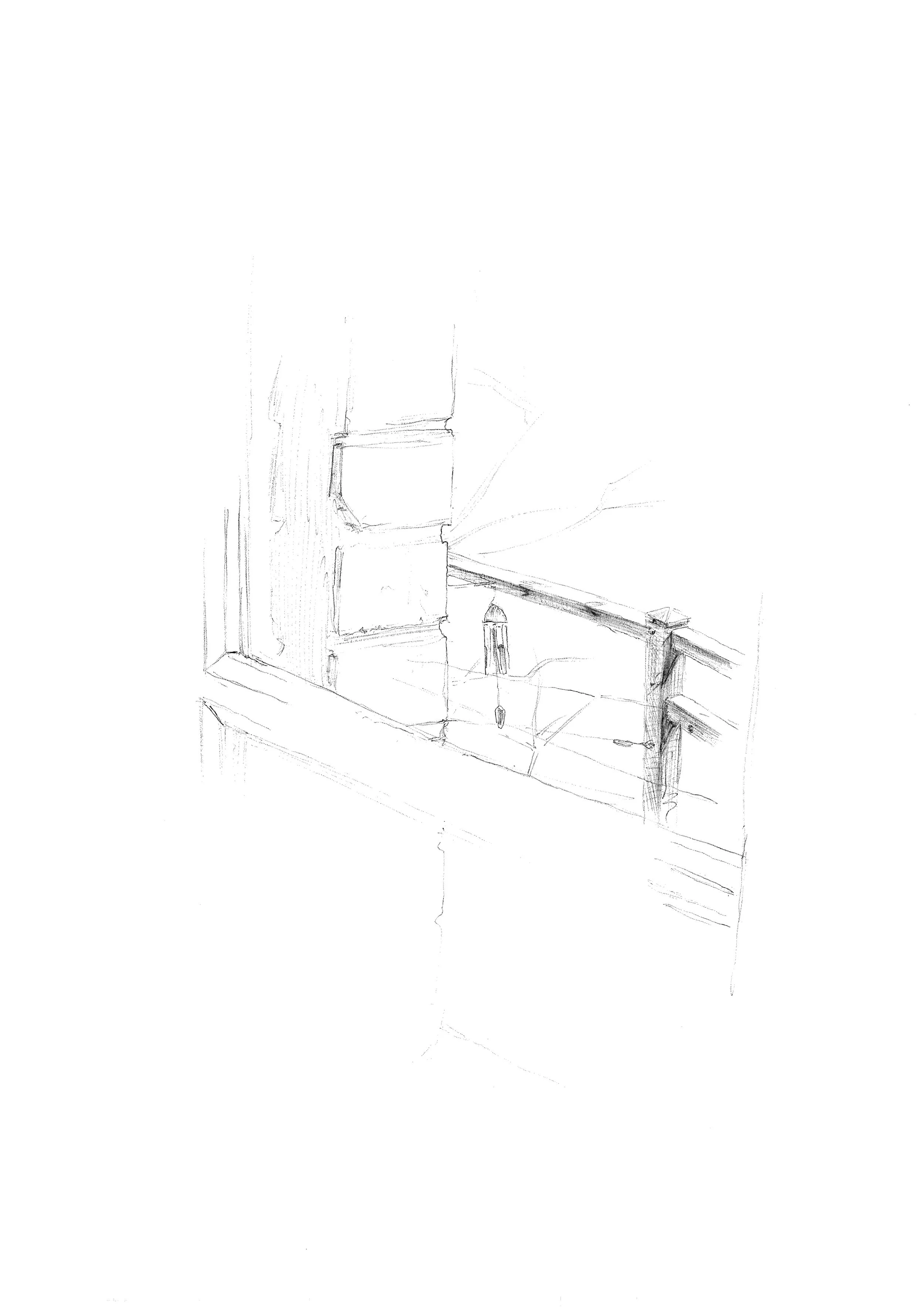 Dessin d'une balustrade en bois à l'extérieur d'une maison avec un mur en pierre et un toit de chaume visible en arrière-plan.