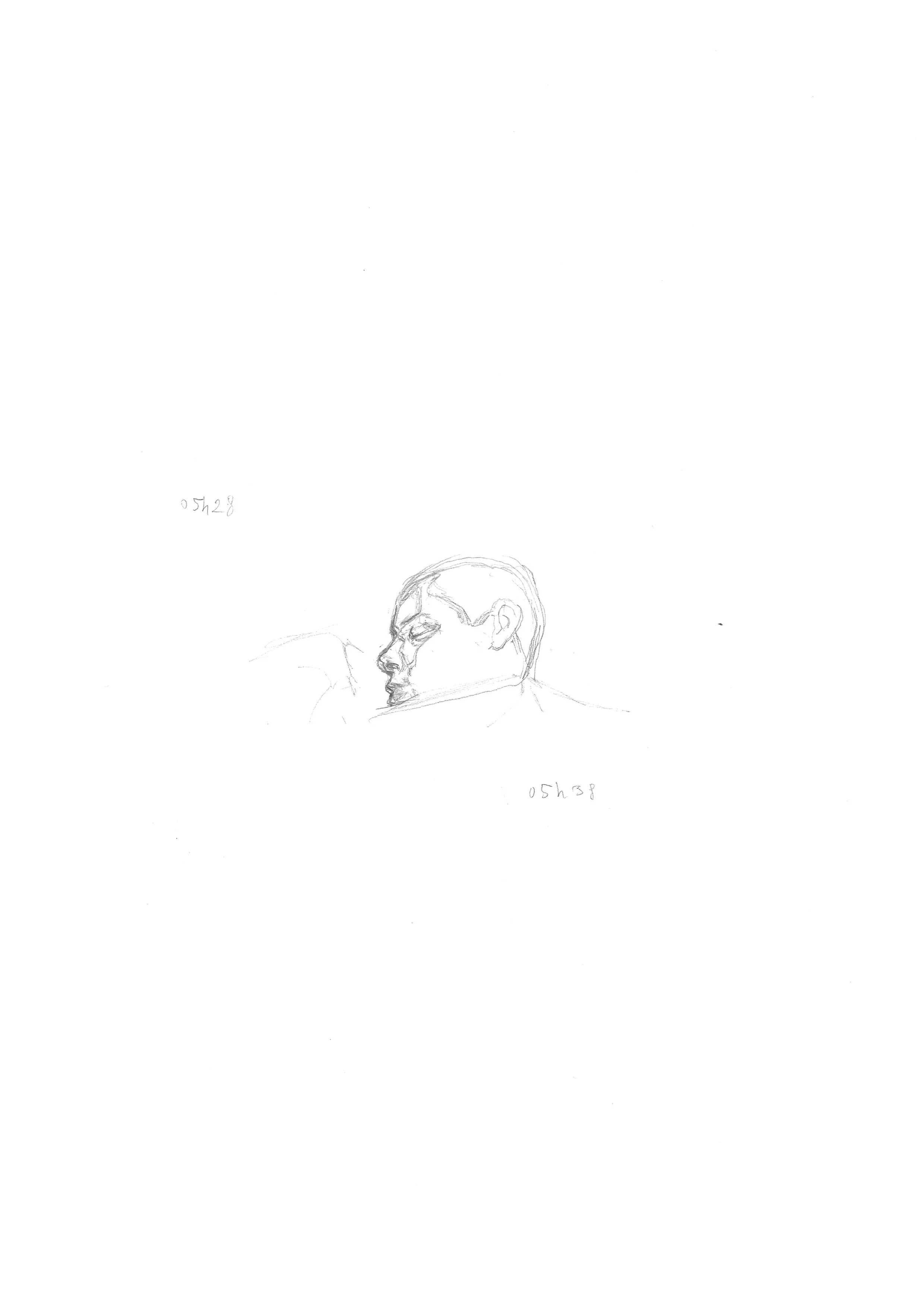 Dessin d'un homme tête baissée, proche d'un profil gauche, avec des détails minima