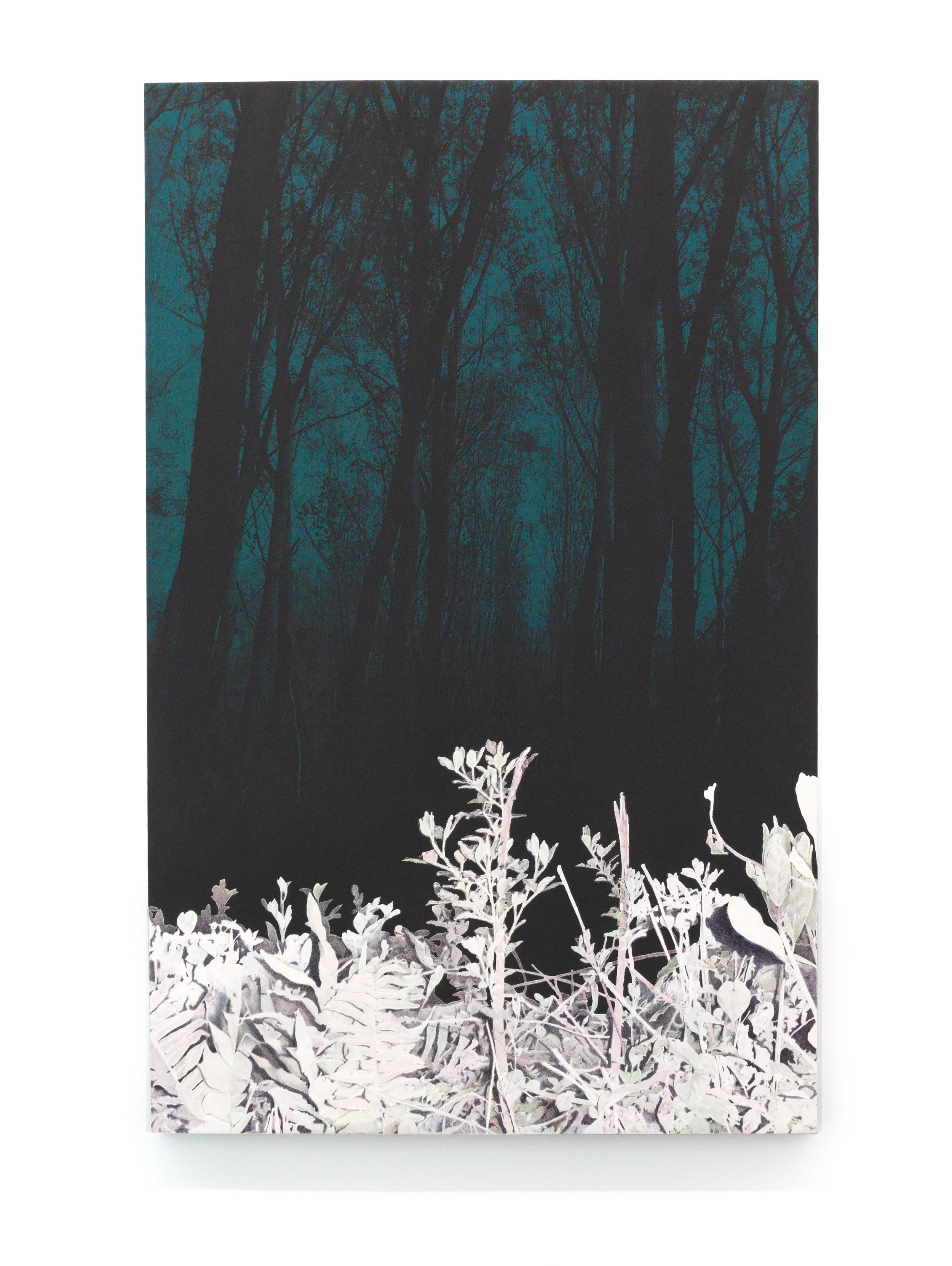 Un tableau d'une forêt sombre vue de nuit, avec des feuilles blanches en premier plan. Sérigraphie et dessin au stylo à bille