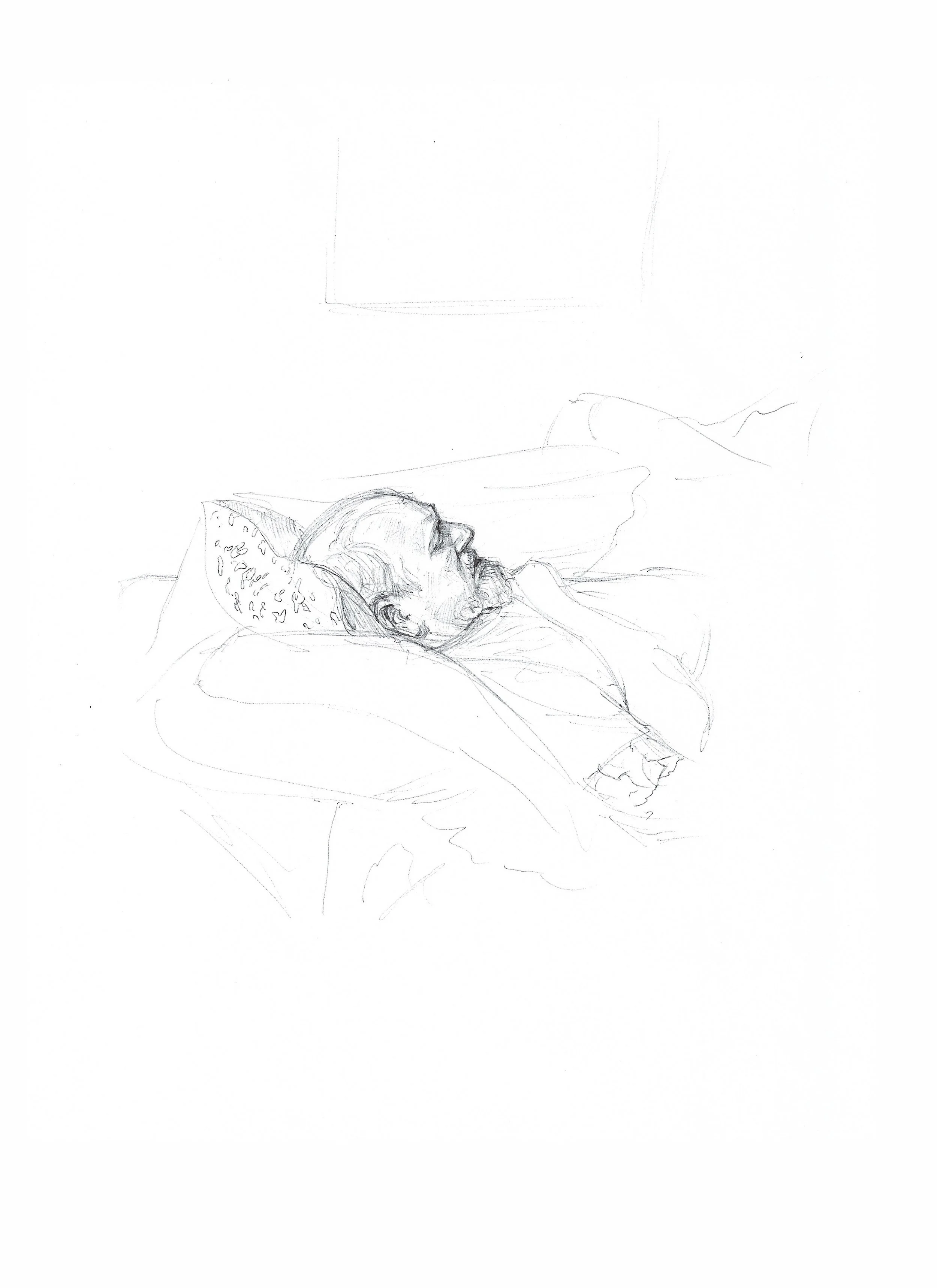 Dessin au crayon d'une personne allongée dans un lit, avec un oreiller et une couverture, au profil, l'air reposé.