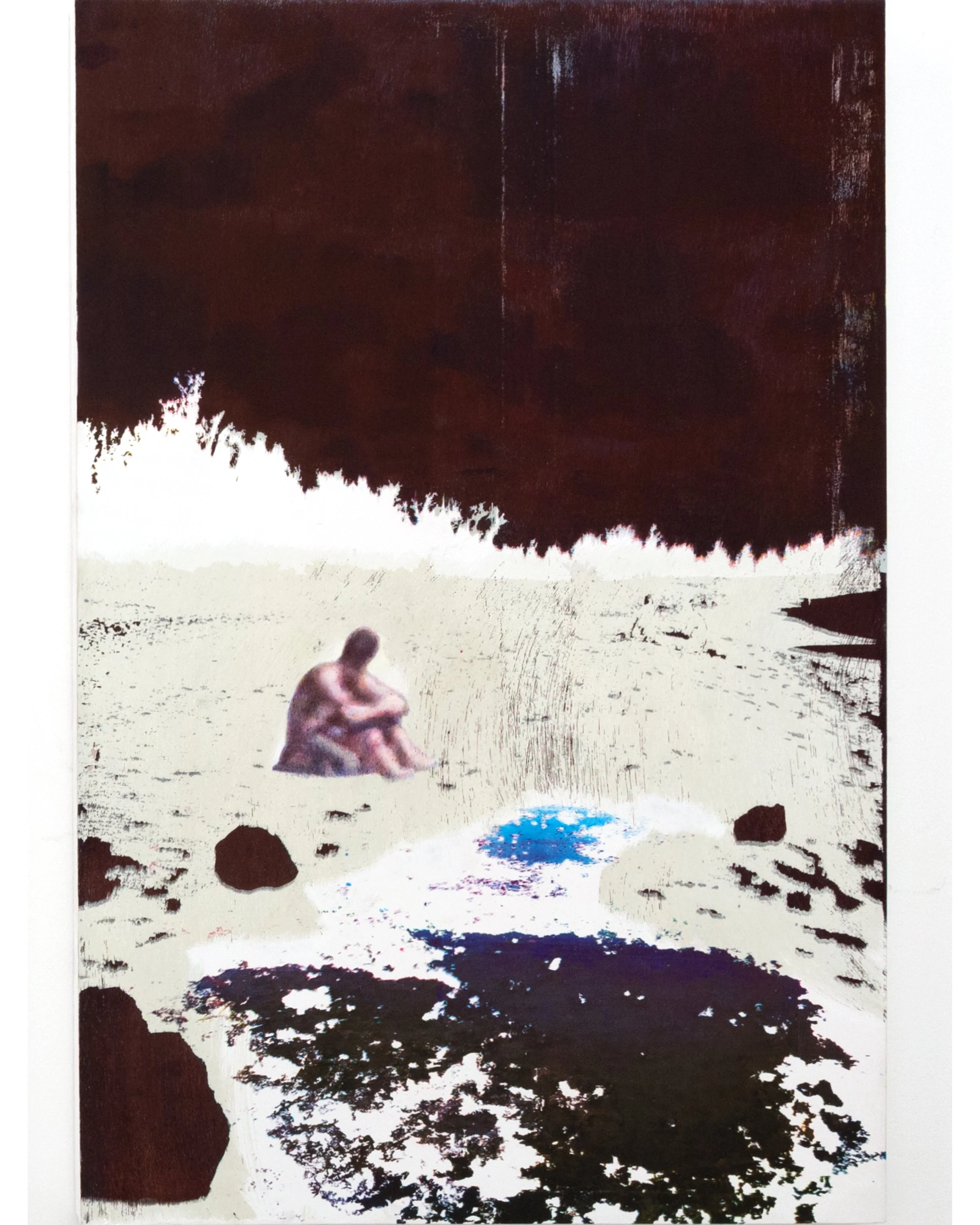 Tableau figuratif, sérigraphie et stylo bic. Paysage avec ciel et plage. Personnage