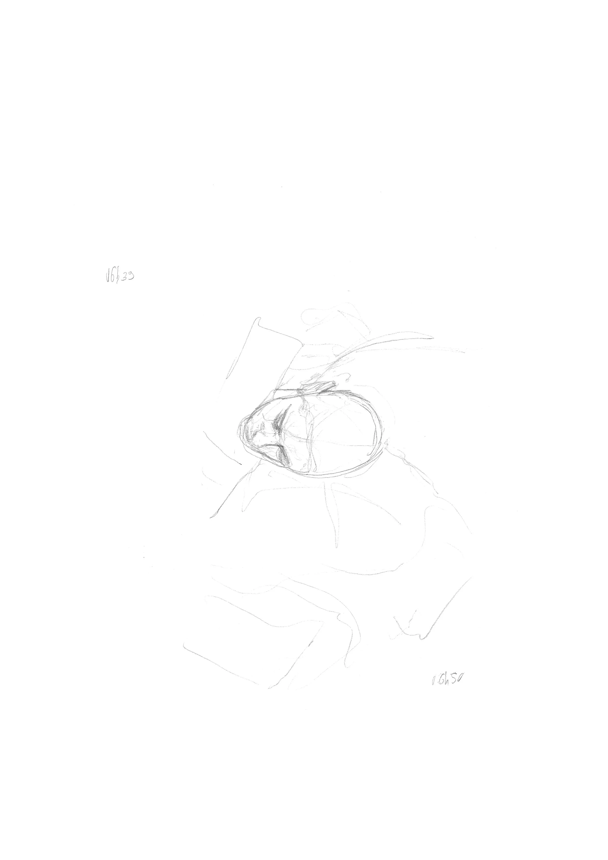 Dessin au crayon représentant une personne avec une cuillère, un bol ou une assiette, et une plante en arrière-plan.