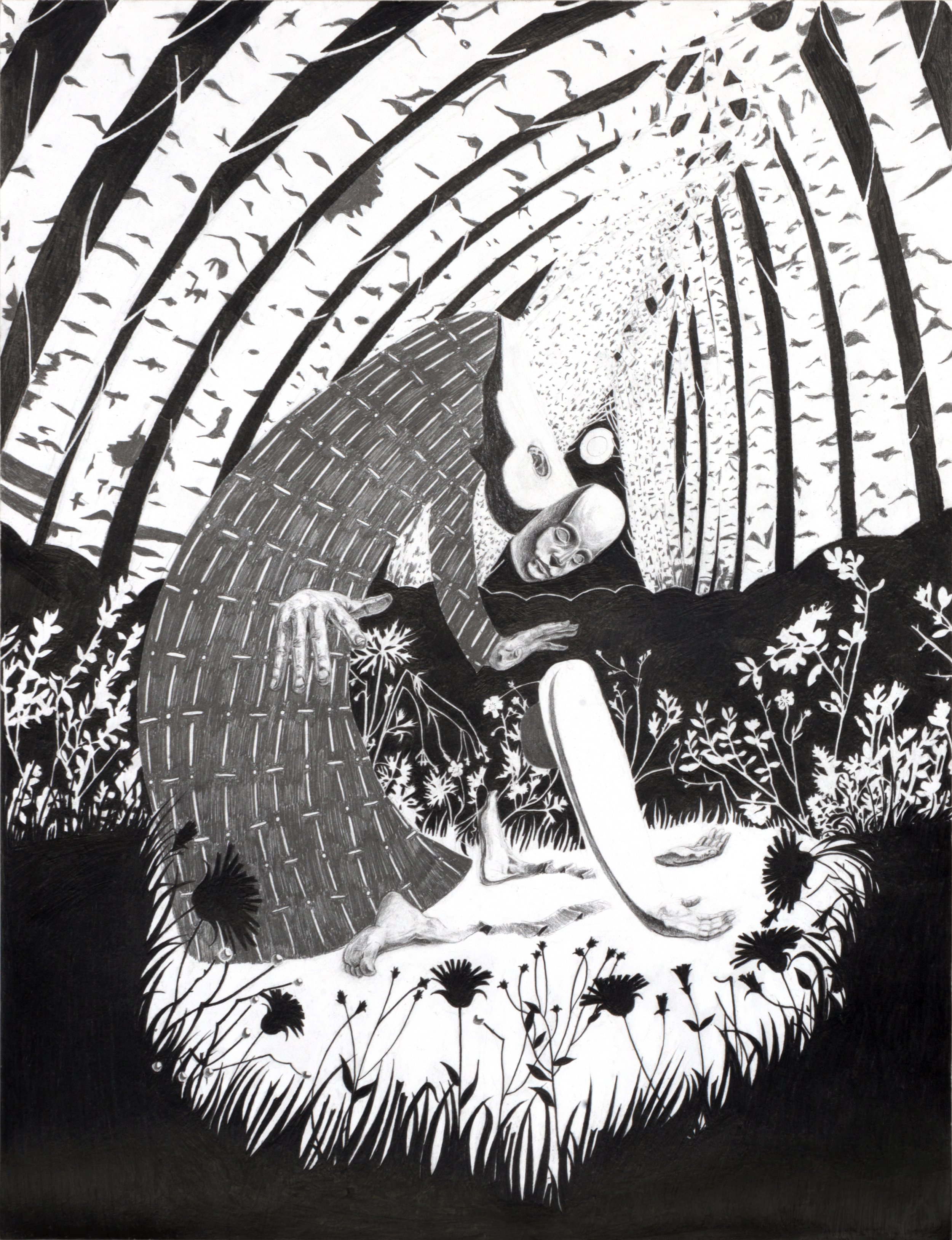 Une illustration en noir et blanc représentant une scène surréaliste où un homme, avec une tête en forme de skull, est accroupi dans un champ de fleurs, avec un fond qui évoque un tunnel ou une perspective infinie.