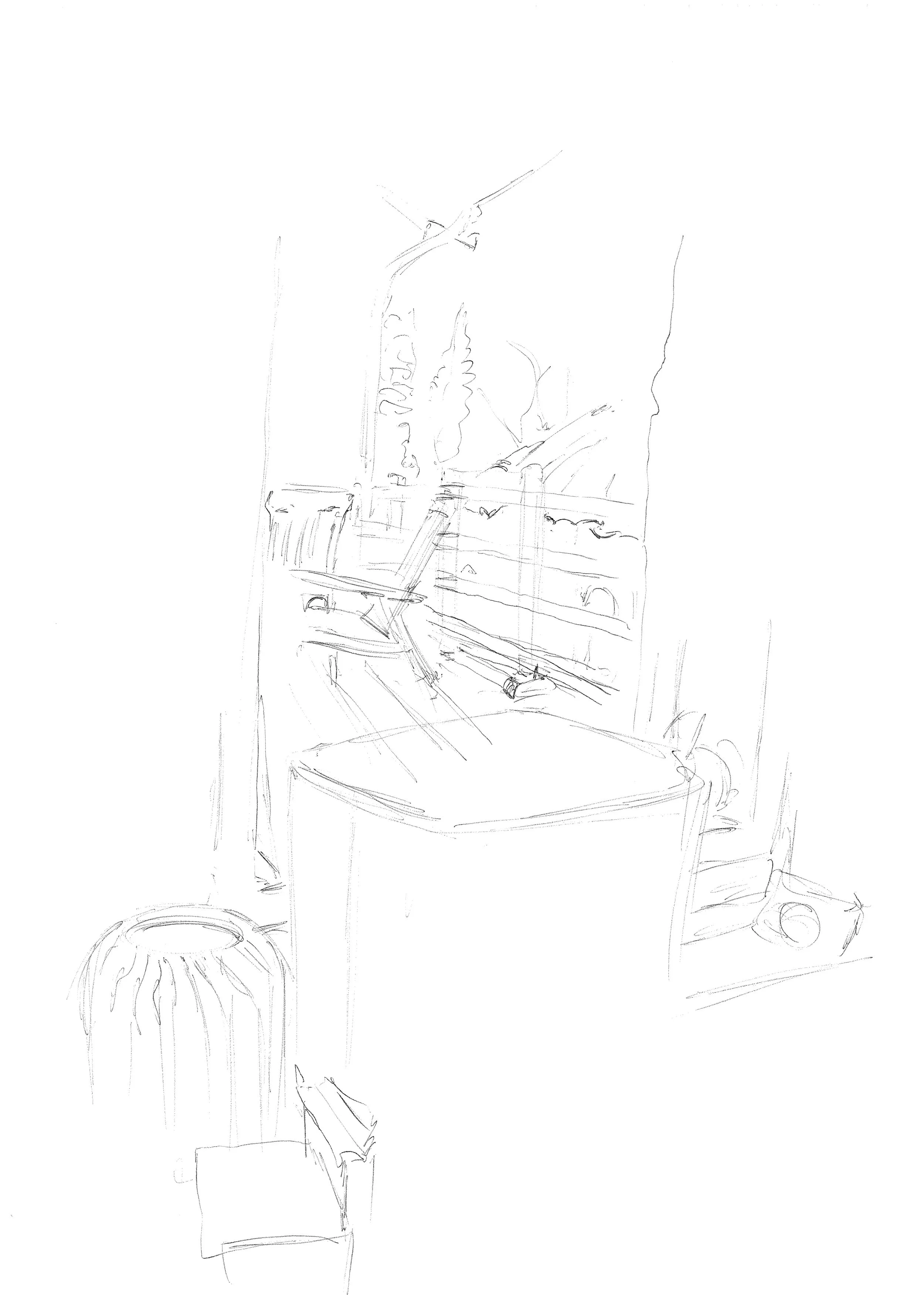 Un dessin au trait d'un bureau avec une chaise, une étagère avec des livres, une plante, et une fenêtre. 