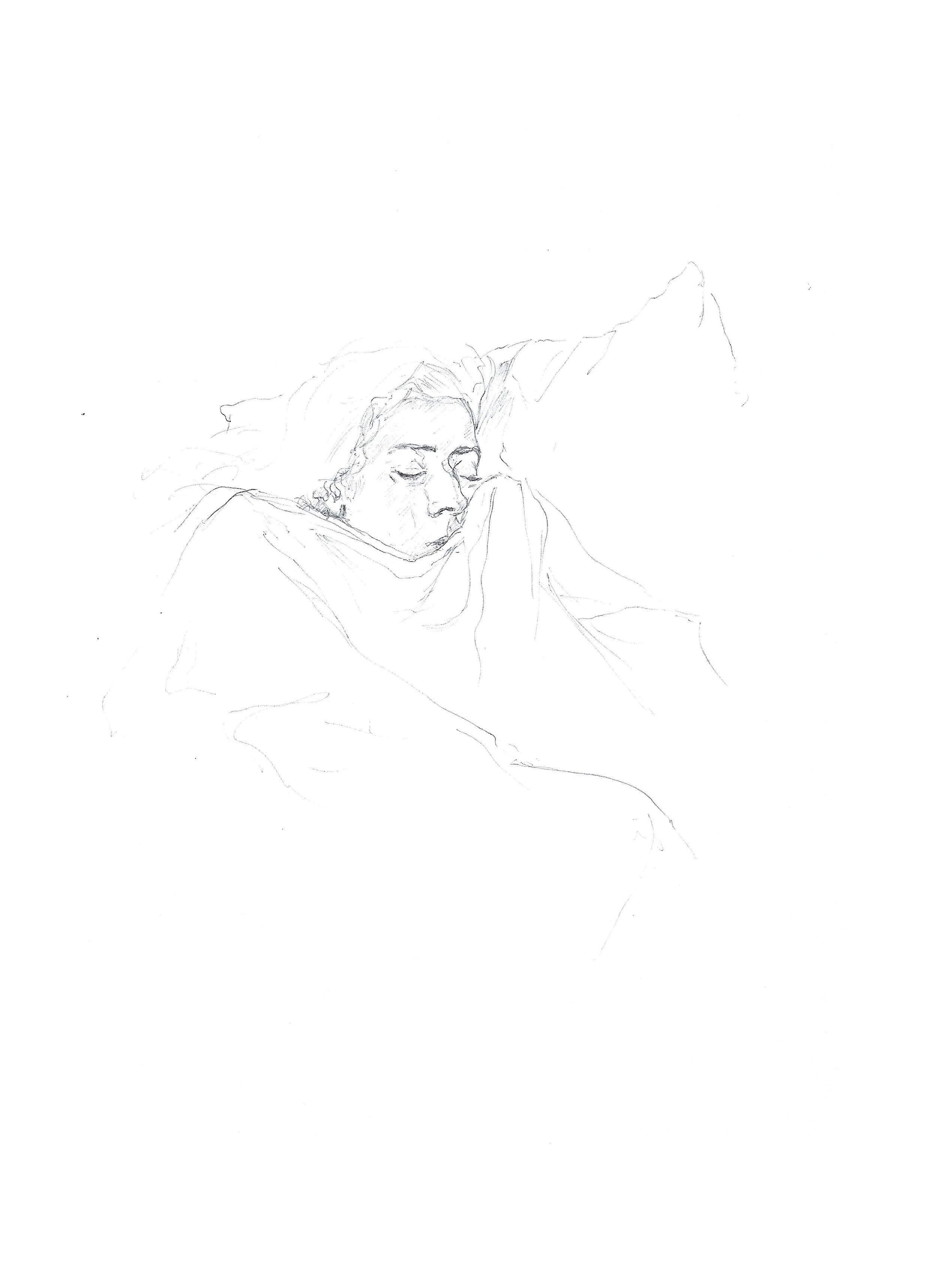 Dessin au crayon d'une femme endormie, vue de face, avec les yeux fermés et un manteau ou un drap couvrant ses épaules.