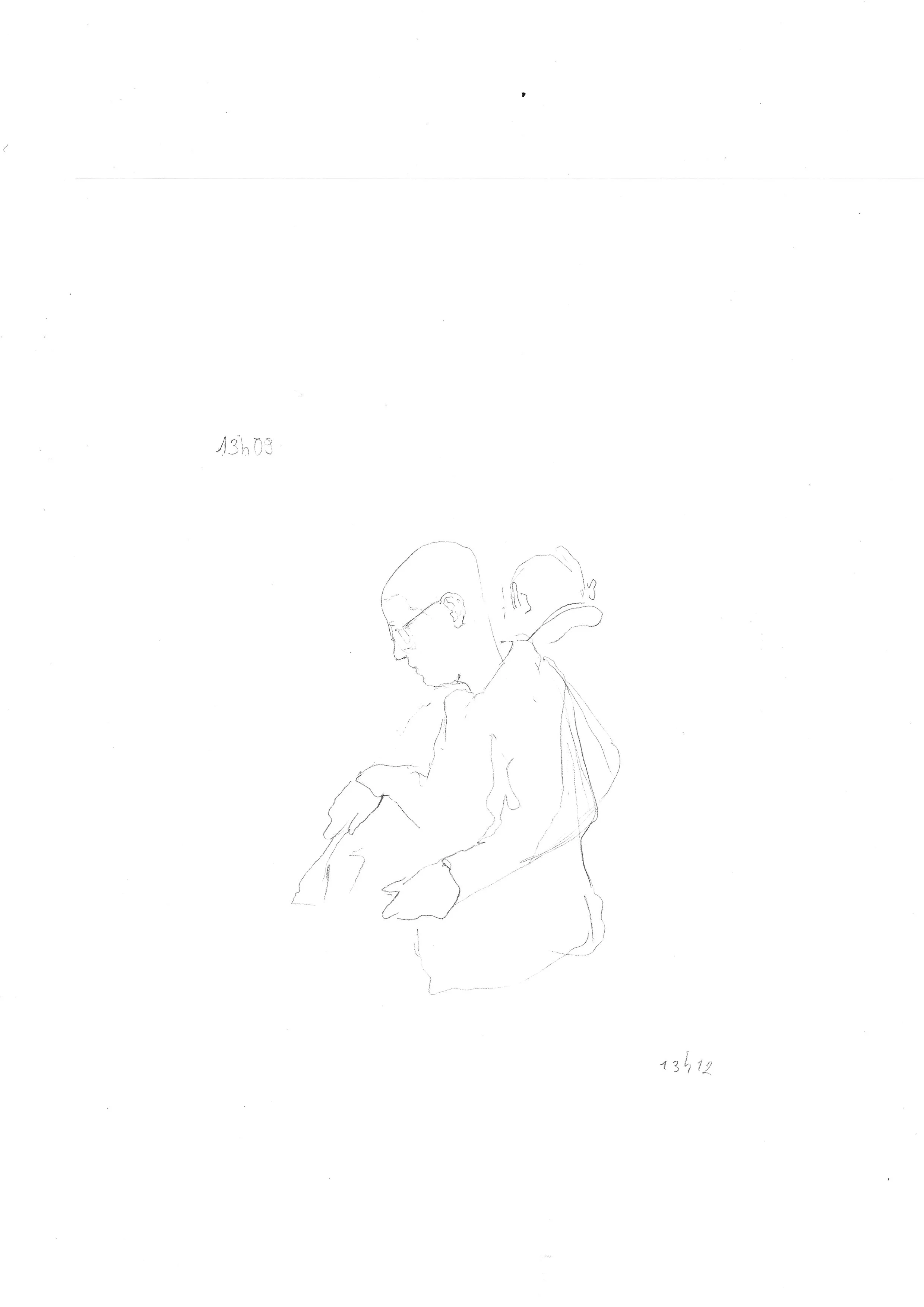 Dessin d'un homme assis, regardant vers le bas, avec un sac sur le dos, en traits fins, esquissé à la main.
