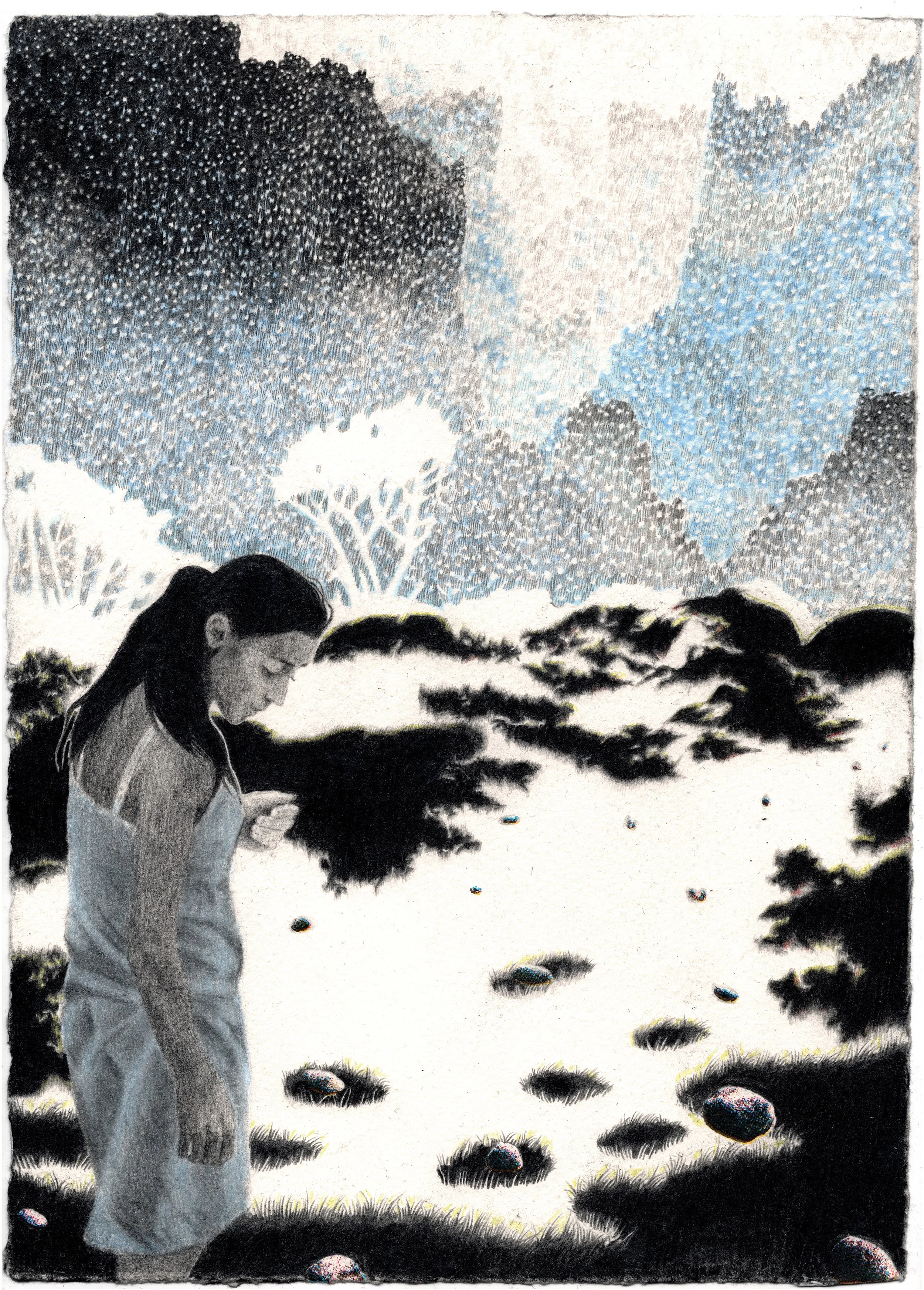 Une femme dans un paysage de nature, avec des arbres, un chemin et des rochers au sol. Dessin sur papier figuratif