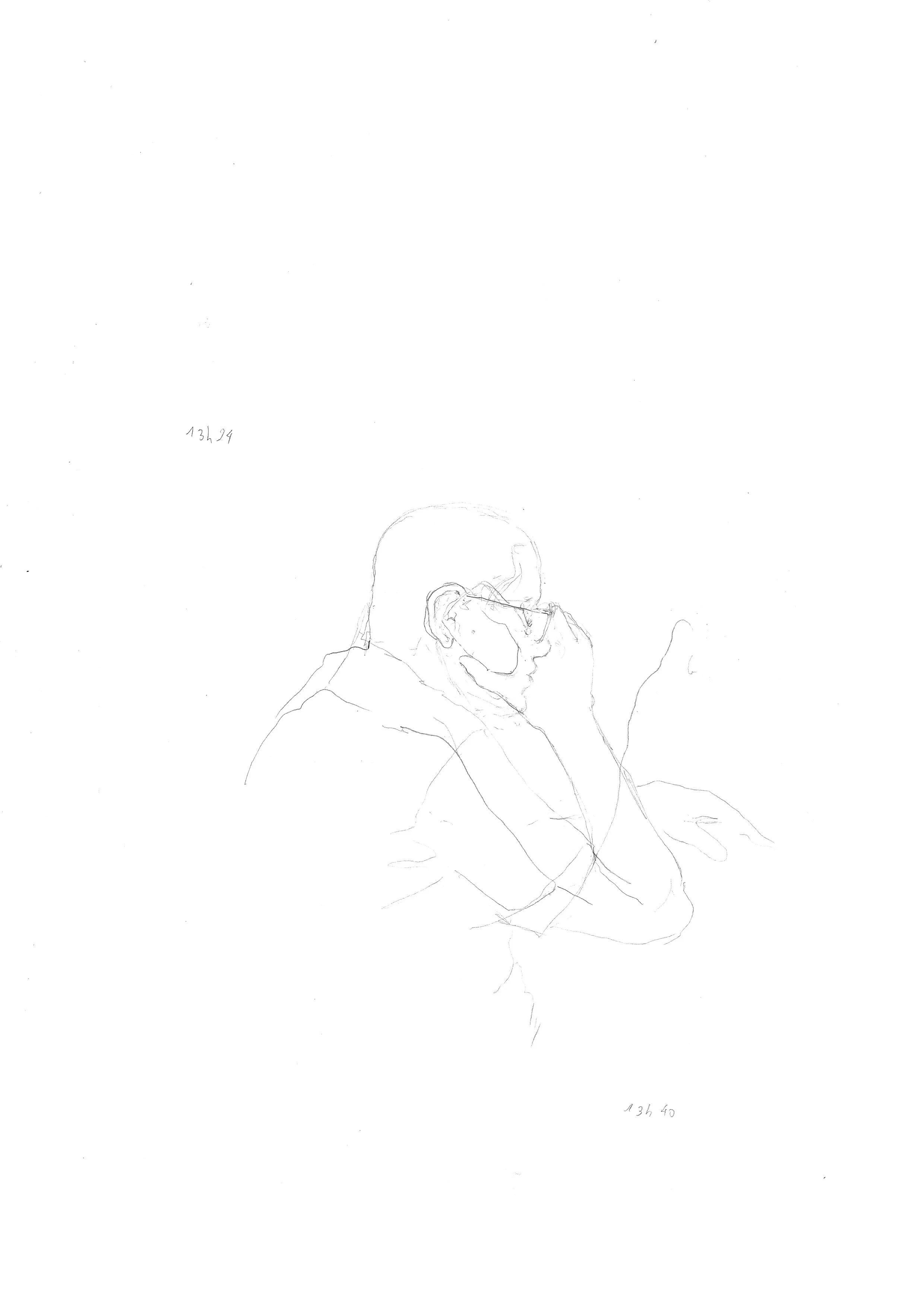 Dessin au trait d'une personne en train de jouer de la guitare, vue de profil, avec une inscription "13h40" en bas à droite.