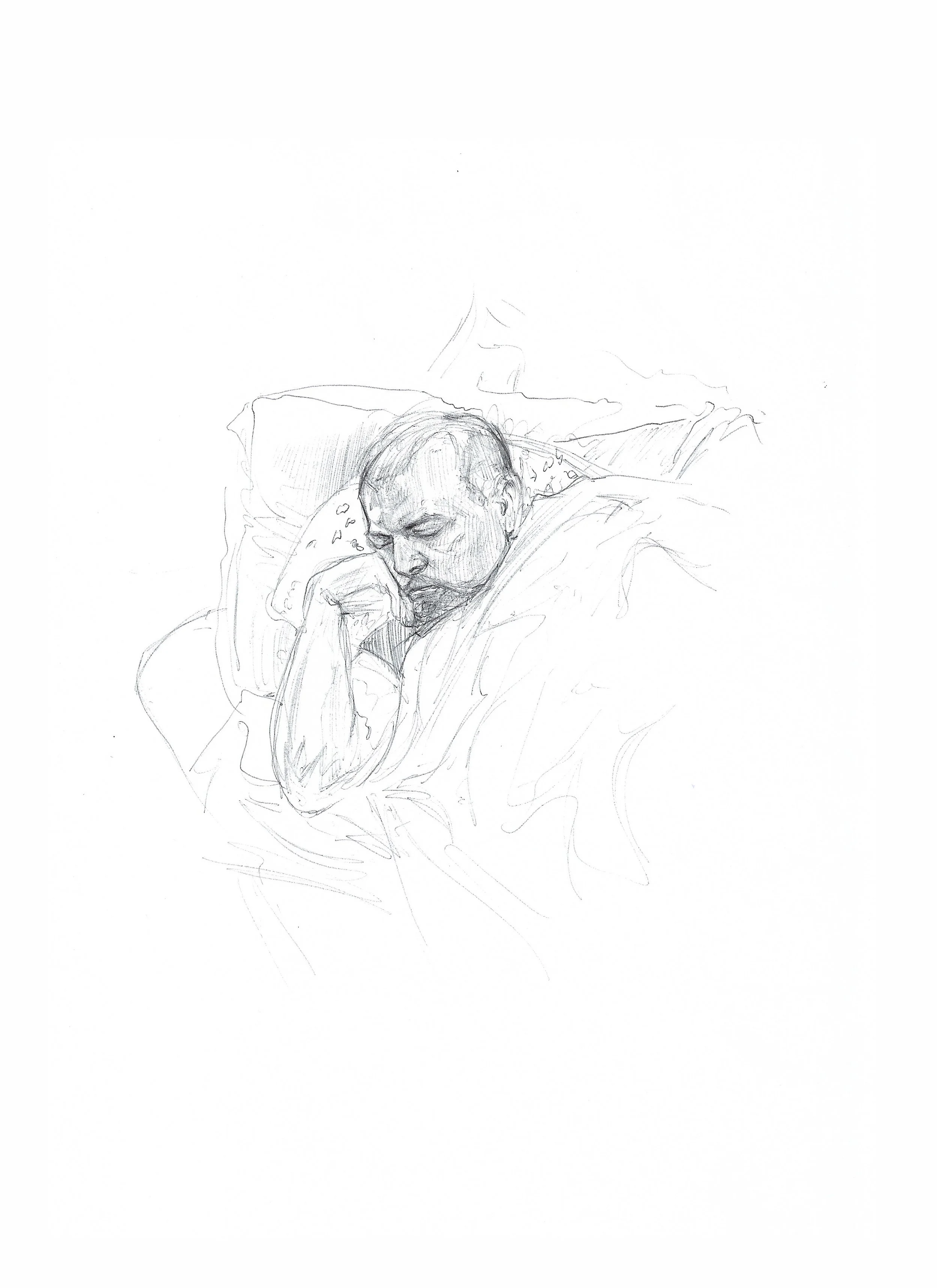 Dessin au crayon d'un homme allongé avec les yeux fermés, en train de dormir, sur un lit ou un canapé, avec une main près du visage.