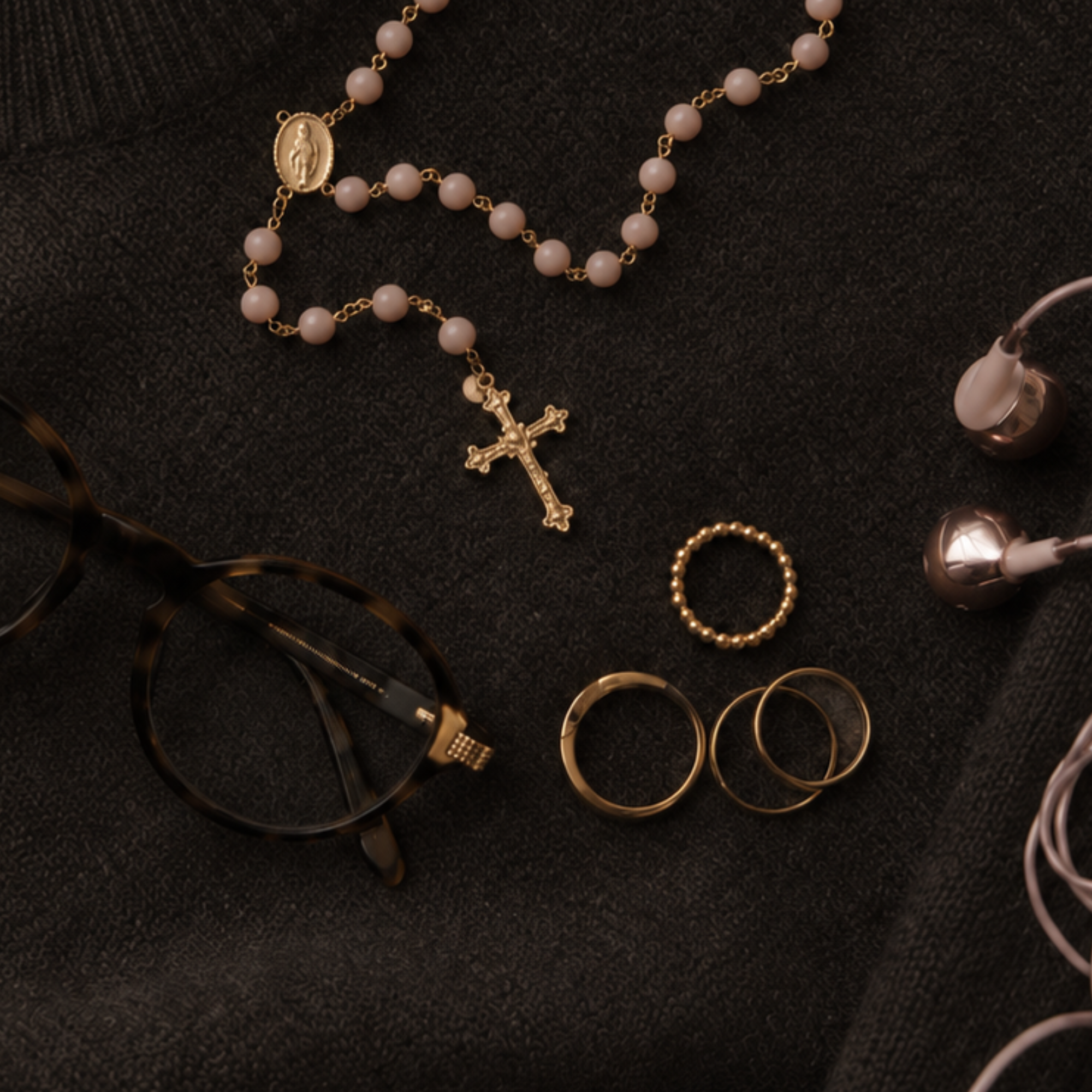 Gold rosary with beige beads and a crucifix, lying on black textured fabric.