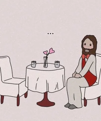A cartoon drawing of a woman sitting at a round table with pink flowers in a vase, two small candles, and empty chairs on either side, against a plain background.