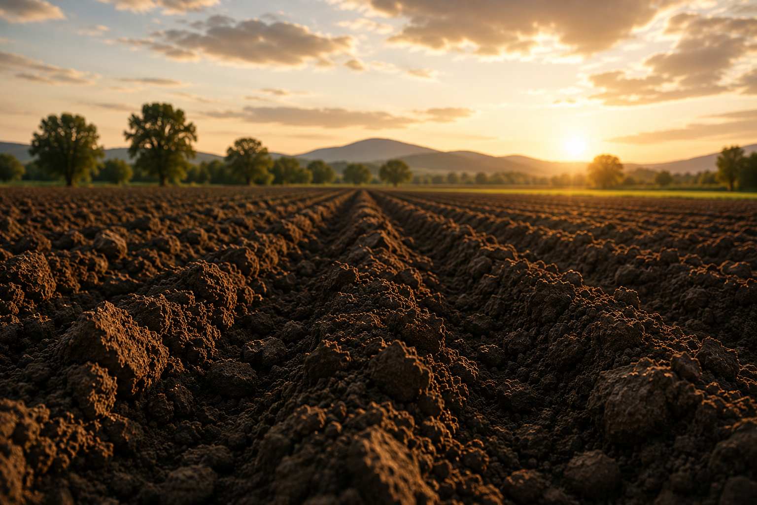 Freshly plowed field prepared for planting at sunset.