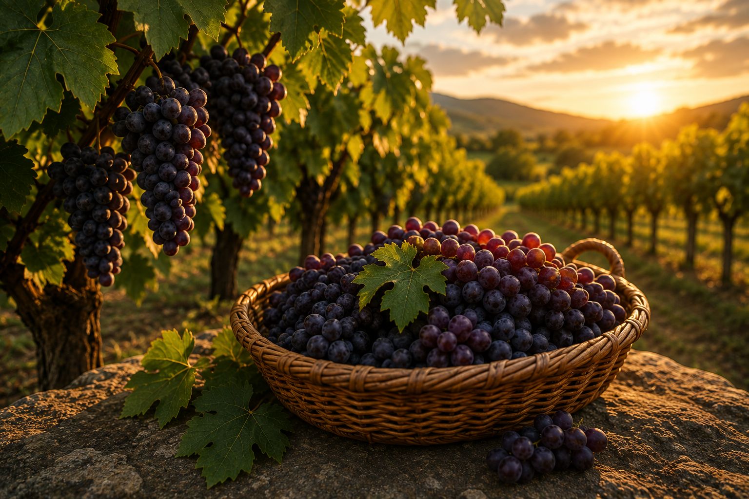 A basket of ripe grapes among fruitful vines in a vineyard.
