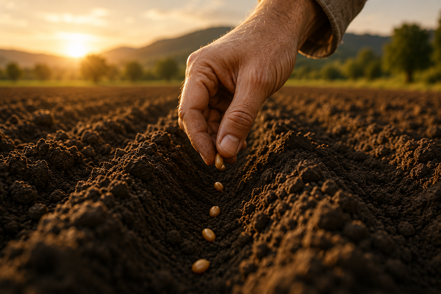 A person planting seeds in freshly prepared soil.
