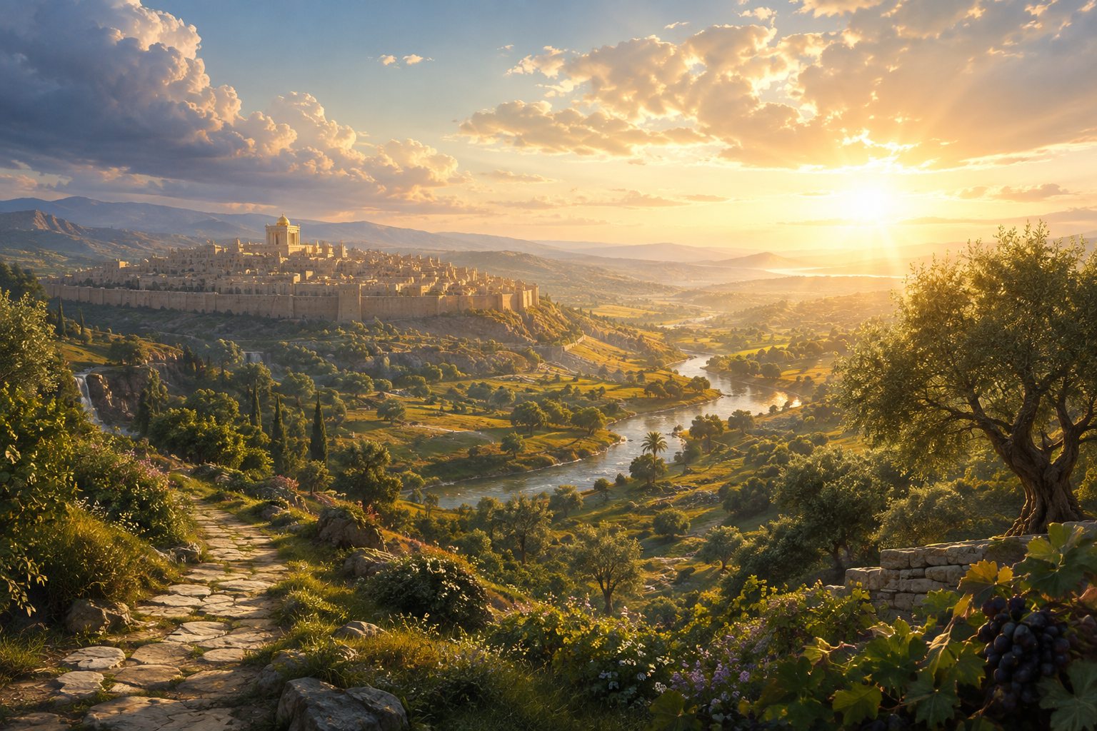 A fertile valley with a river flowing through fields toward an ancient city.