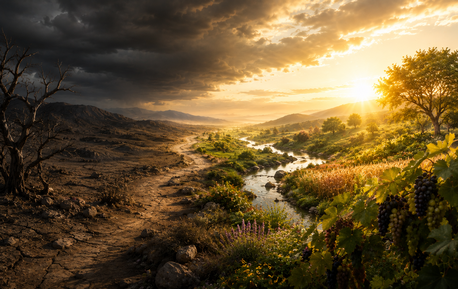 A barren landscape giving way to a fertile green valley illuminated by the setting sun.