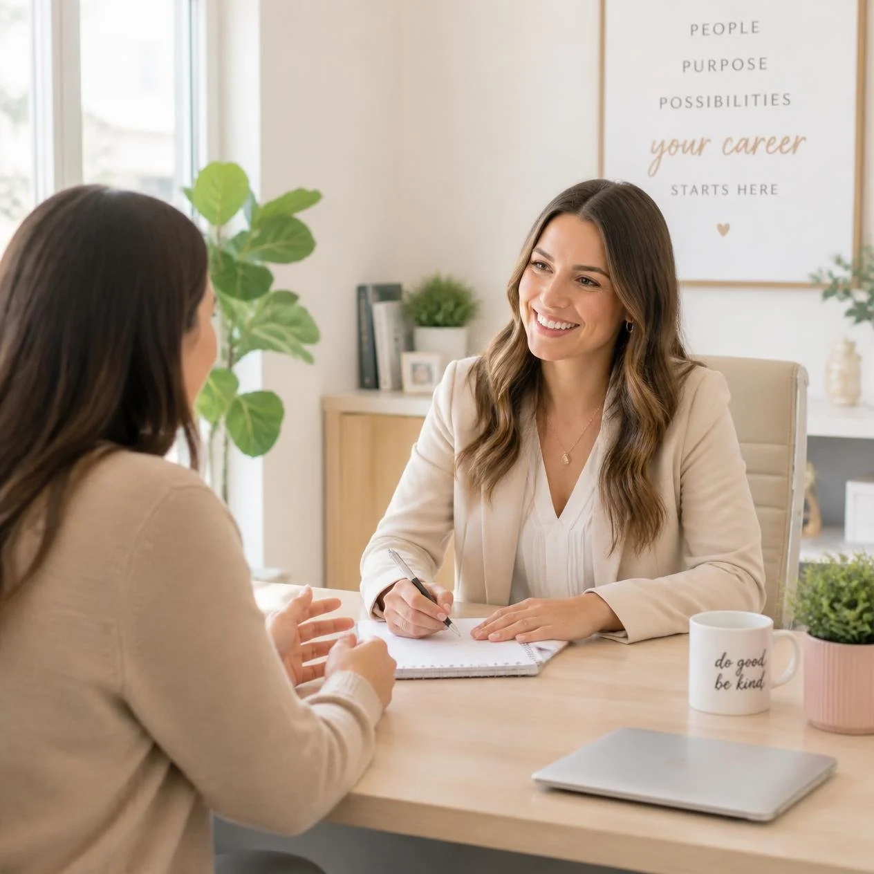 Women having a meeting in a bright office, with one woman smiling and taking notes, and a quote on the wall behind them about careers and purpose.