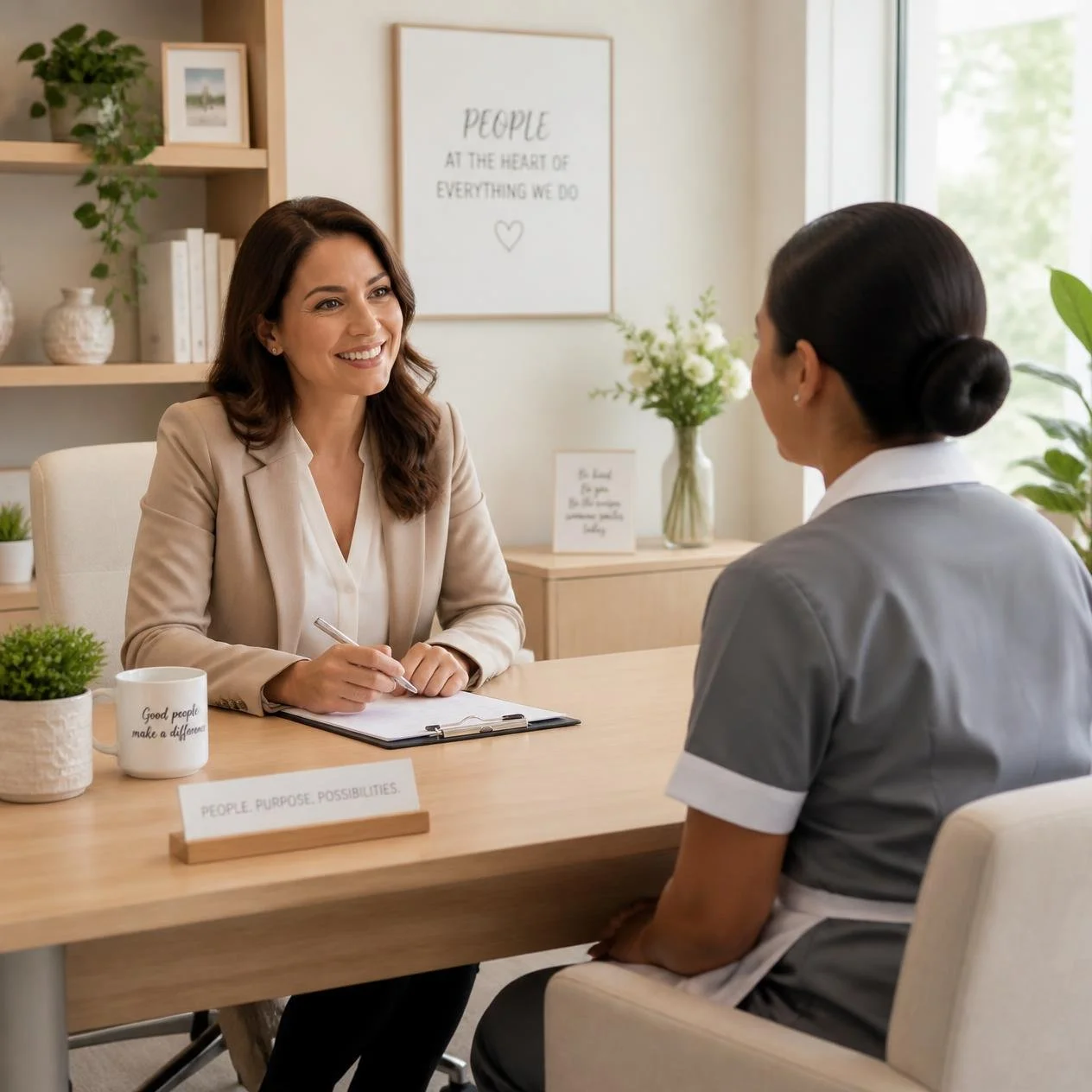 Two women seated across from each other at a desk, engaged in a conversation in a bright office space. One woman is smiling, holding a pen and seated with a clipboard, while the other woman, dressed as a nurse, listens attentively. The office has decorative shelves with vases, quotes on the walls, and a large window with greenery outside.