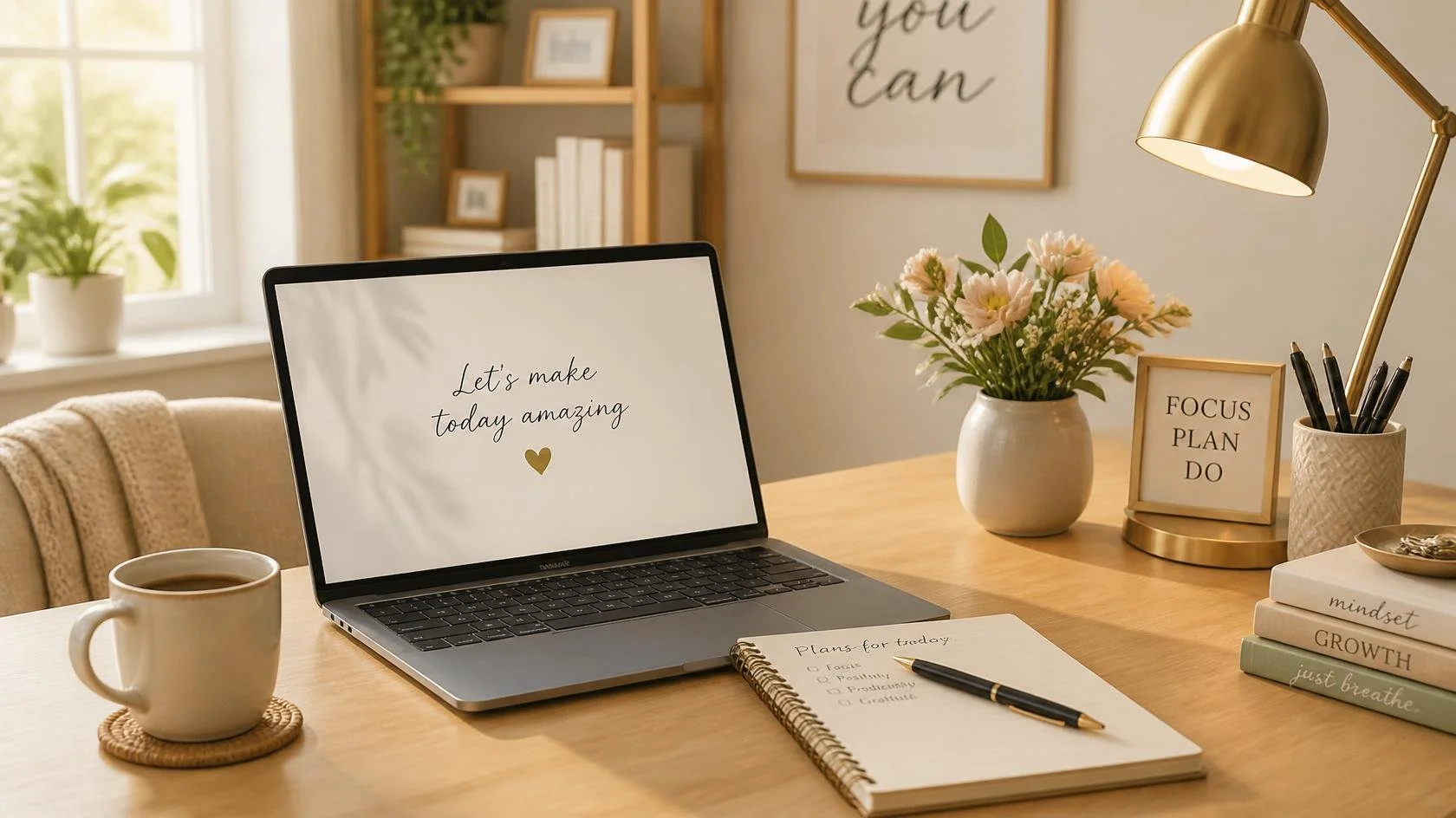 A tidy workspace with a wooden desk holding a silver laptop displaying the message 'Let's make today amazing' with a small gold heart. Beside the laptop are a notebook with a list titled 'Plans for today', a pen, a mug of coffee on a coaster, and a vase of pink and white flowers. There is a framed quote that reads 'Focus, Plan, Do,' a gold desk lamp, and a white container with pens. In the background, a bookshelf, framed pictures, potted plants, and a window are visible.