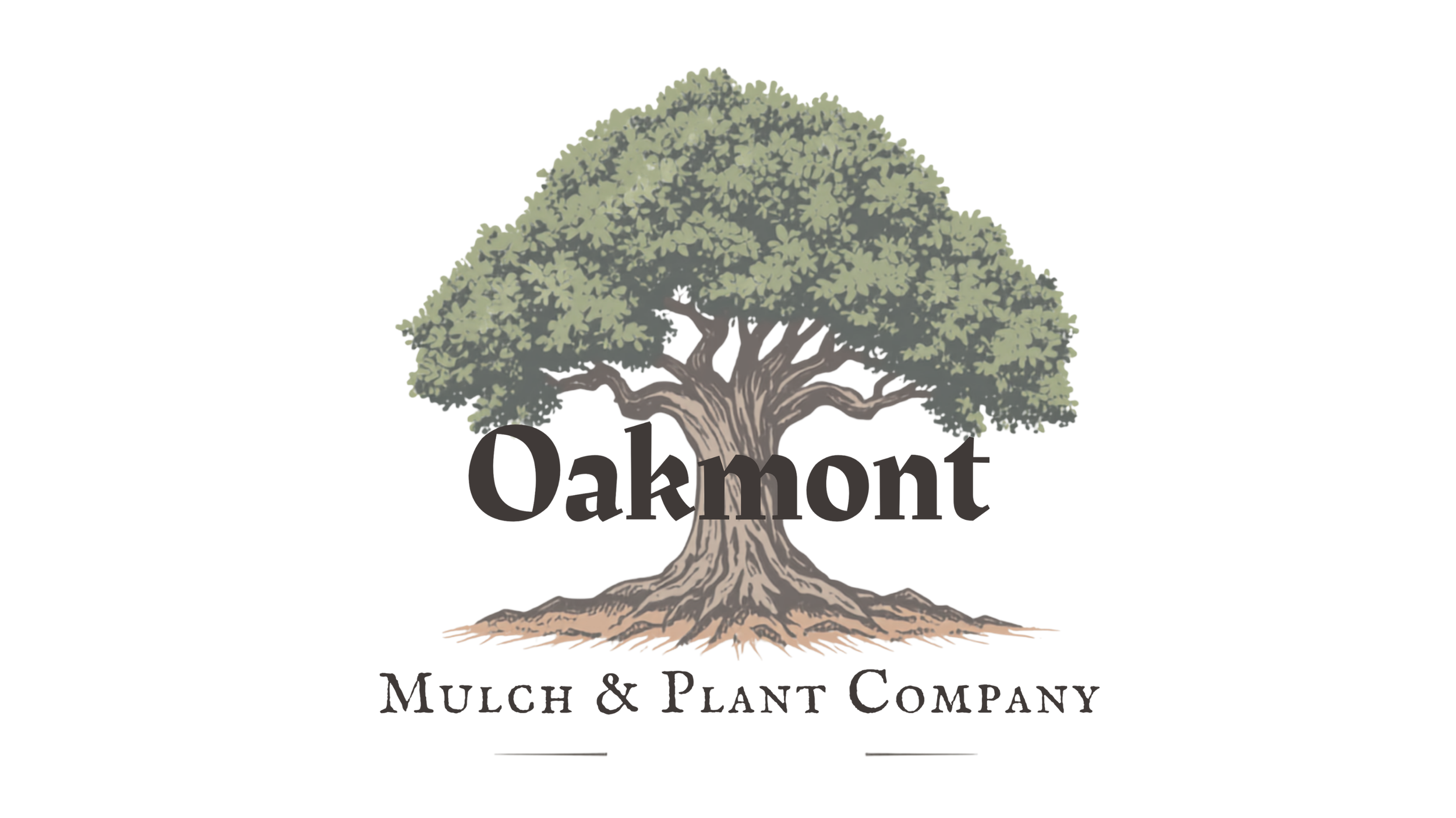 Logo of Oakmont Mulch & Plant Company featuring a large tree with green foliage and a brown trunk, with the company name in bold black letters below the tree.