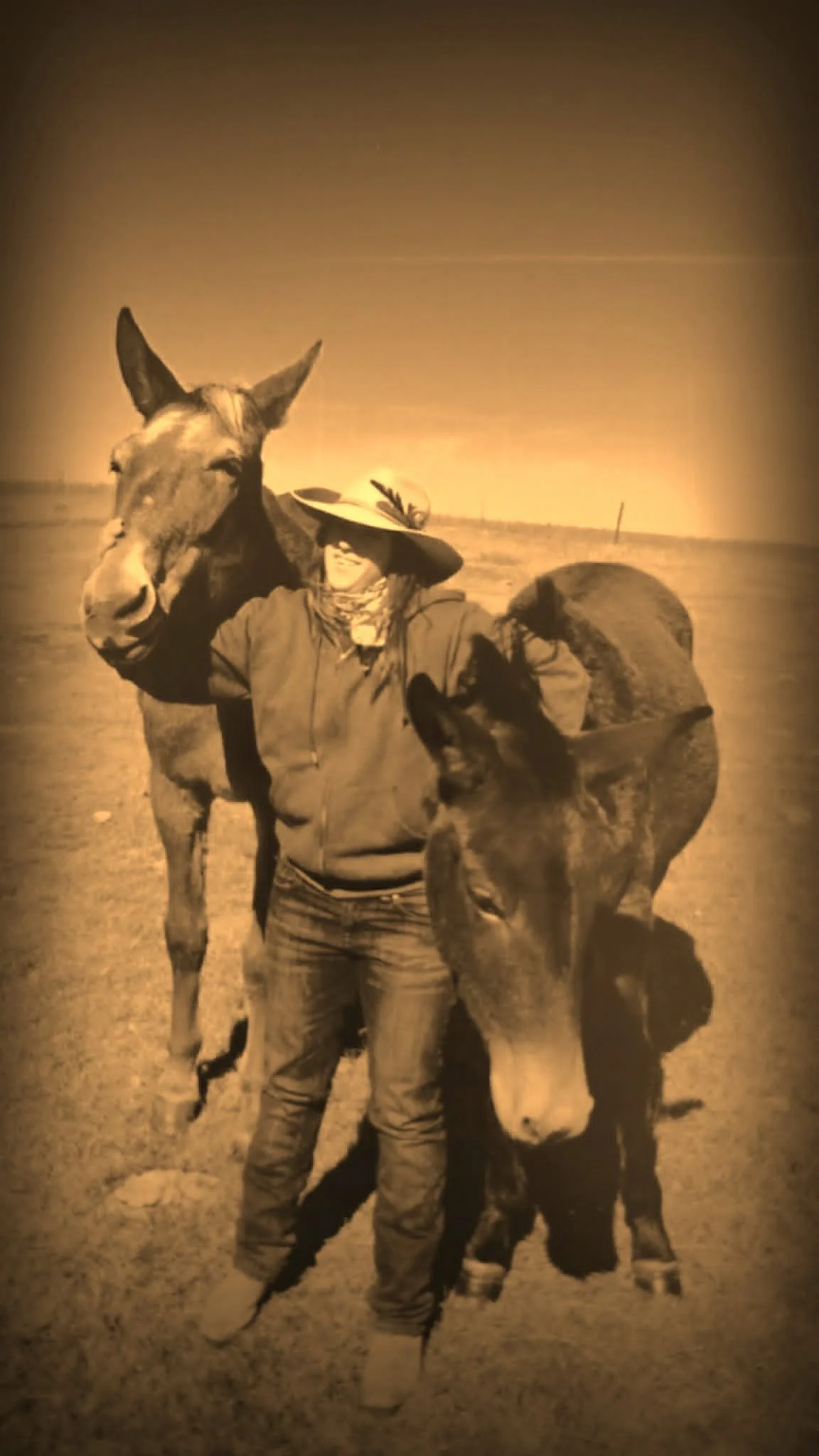 A woman standing outdoors with two horses, one on each side, in a rural setting during daytime.