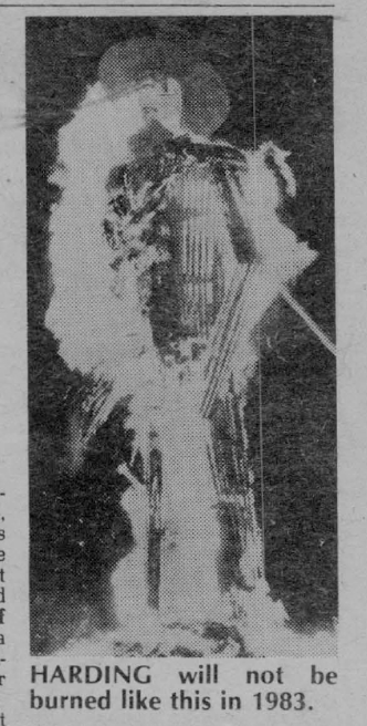 Close-up of a printed page with text discussing the burning of Mr. Harding.