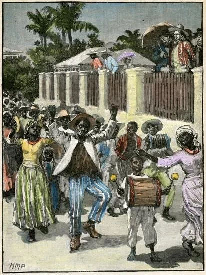 A lively street scene with African American people dancing and playing drums, some wearing hats, in a sunny outdoor setting with palm trees and a fence in the background.